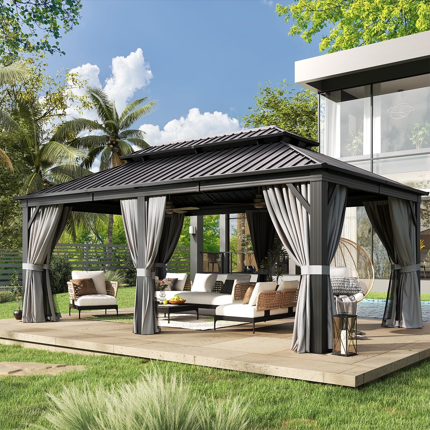 12FT X 20FT Hardtop, Galvanized Steel Dual-Layer Top, Aluminum Metal Gazebo with Netting and Curtains, Permanent Gazebo Pavilion for Party, Outdoor Dining, Wedding
