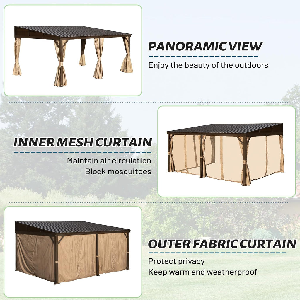 Domi 12x16FT Lean to Gazebo, Aluminum Wall Mounted Gazebo with Sloping Galvanized Steel Roof, Curtains and Netting, Outdoor Hardtop Gazebo Pergola for Patio, Deck, Garden, Backyard