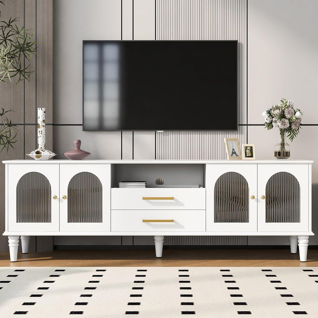 Retro TV Stand for TVs up to 75 Inches, Entertainment Center Media Console with Fluted Glass Doors and Five Solid Wood Legs for Living Room