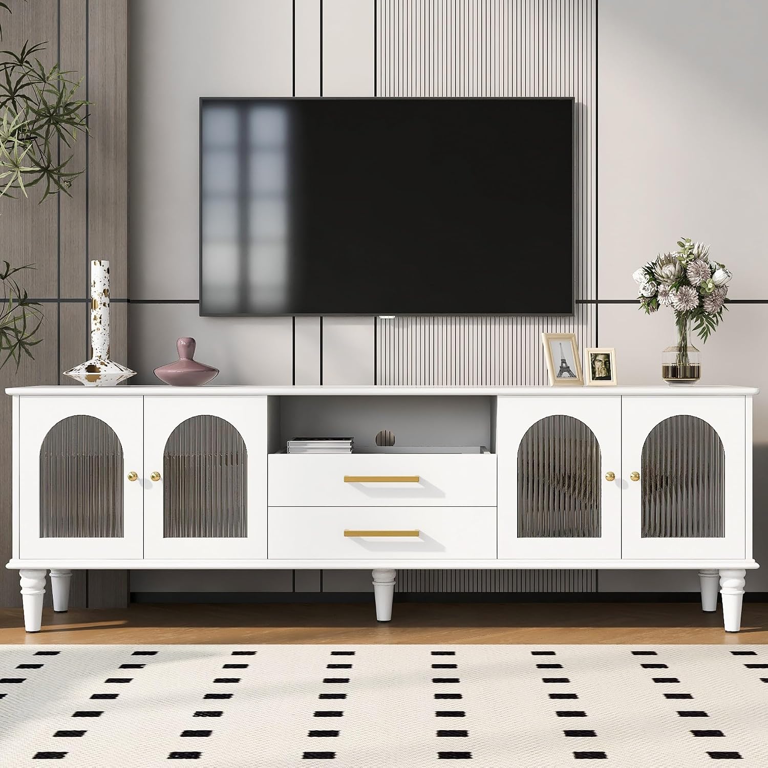 Retro TV Stand for TVs up to 75 Inches, Entertainment Center Media Console with Fluted Glass Doors and Five Solid Wood Legs for Living Room