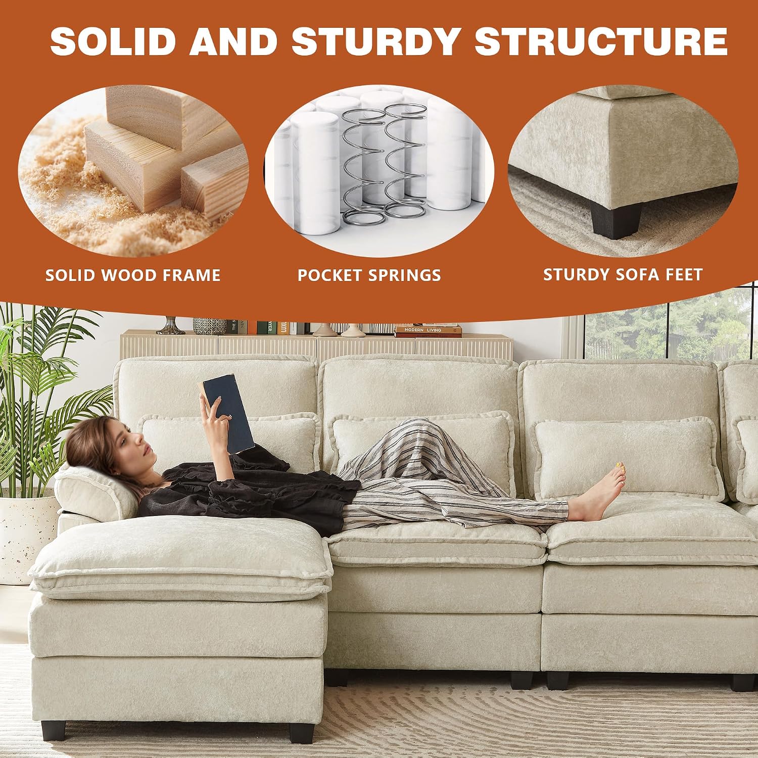 Cloud Couch with Double Chaises, 113' U Shape Sectional 4-Seater Sofa with 2 Layer Cushions, Deep Seat Comfy Sofa, Upholstery Chenille for Living Room, Beige