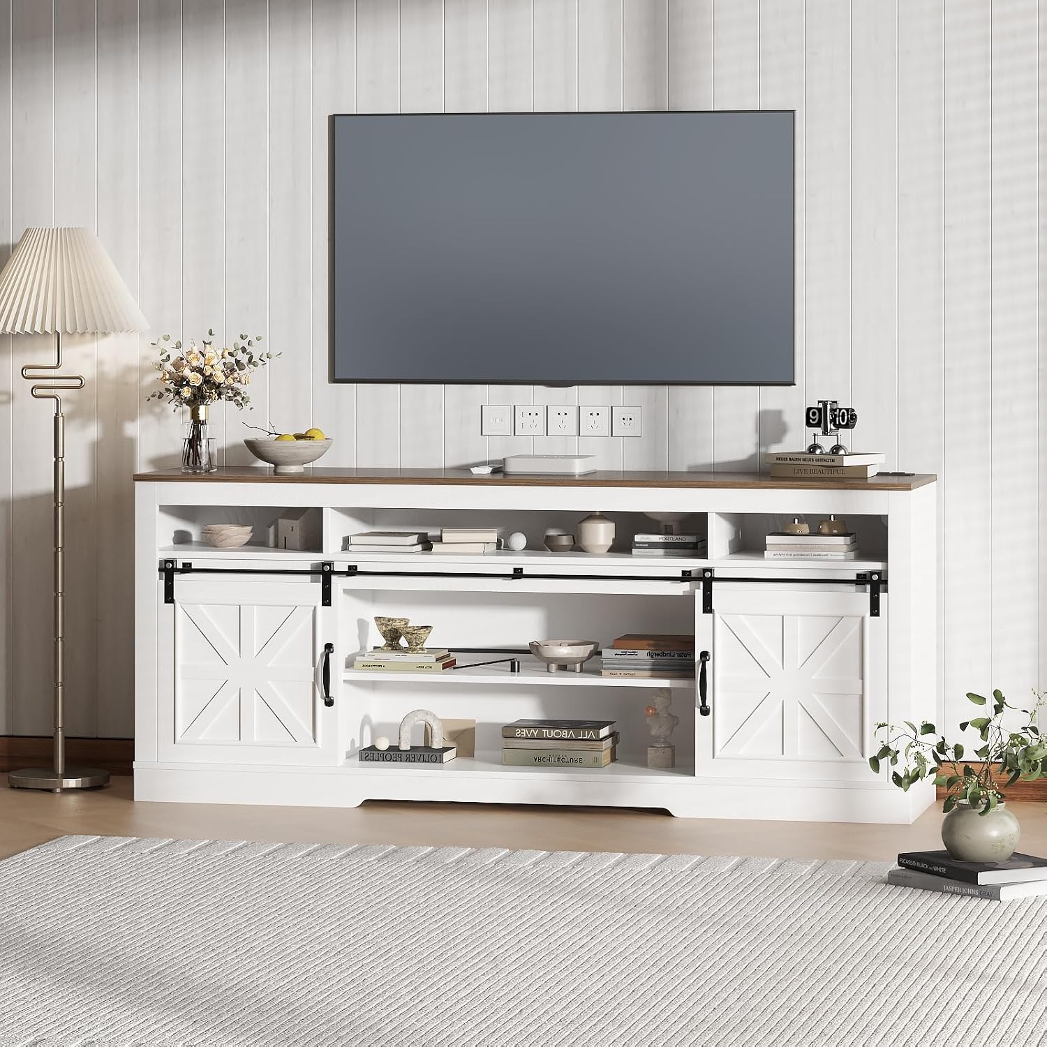 IDEALHOUSE Farmhouse TV Stand for 75 Inch TV, Entertainment Center with Storage Cabinets and Sliding Barn Doors, Media TV Console Table for Living Room Bedroom (27.6' H White)