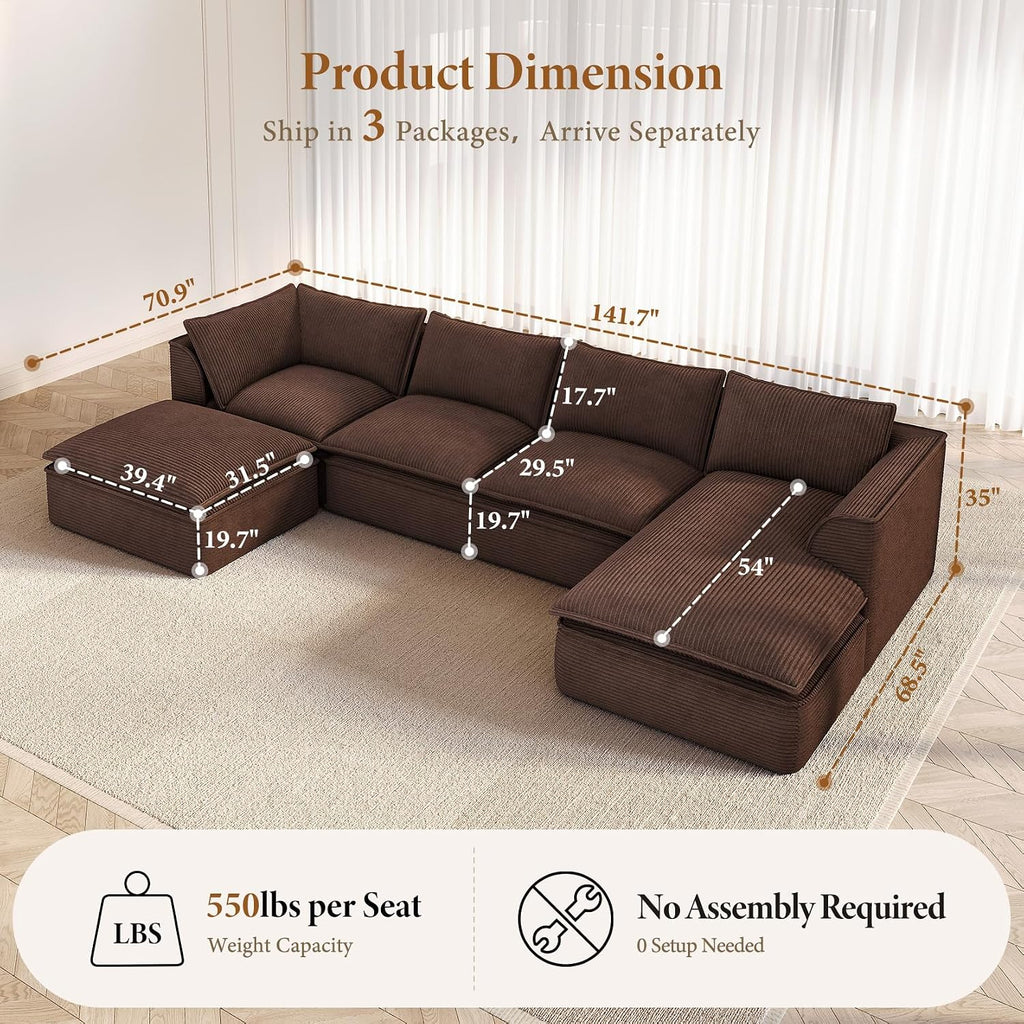 Vesgantti 141.7' U Shaped Boneless Sectional Couch, Modern 6 Seater Modular Sofa with Chaise & Ottoman, Deep Seat Corduroy Cloud Couches for Living Room, No Assembly Required, Dark Brown