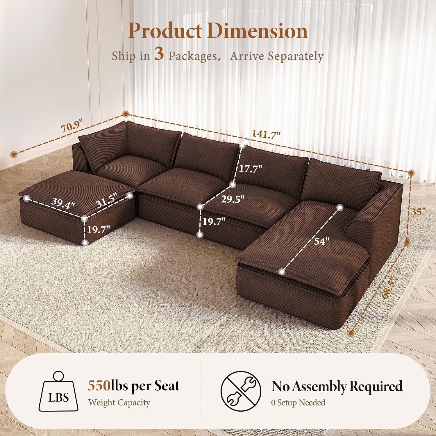 Vesgantti 141.7' U Shaped Boneless Sectional Couch, Modern 6 Seater Modular Sofa with Chaise & Ottoman, Deep Seat Corduroy Cloud Couches for Living Room, No Assembly Required, Dark Brown