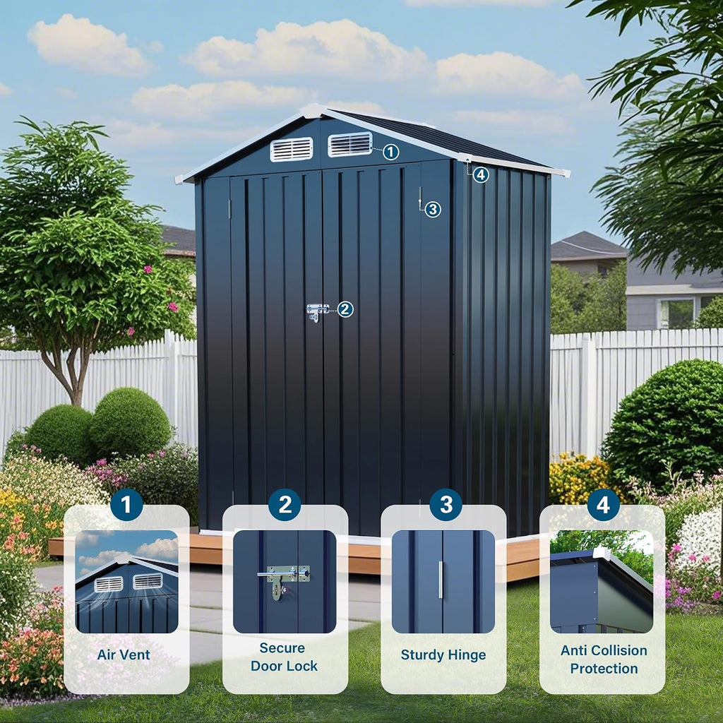 Metal Storage Shed, 5X3 FT Lockable Outdoor Tool Shed with Air Vent, Galvanized Steel Garden Shed for Backyard, Patio, Garden, Bike Storage or Outdoor Use, Grey