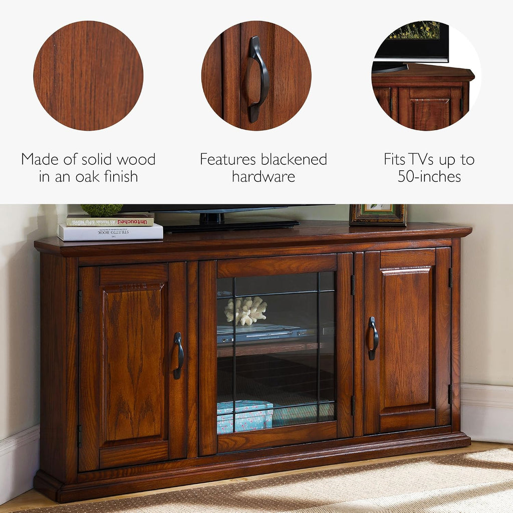 Leick Home 80385 Leaded Glass Three Door Corner TV Stand with Enclosed Storage For 50' TV's, Burnished Oak