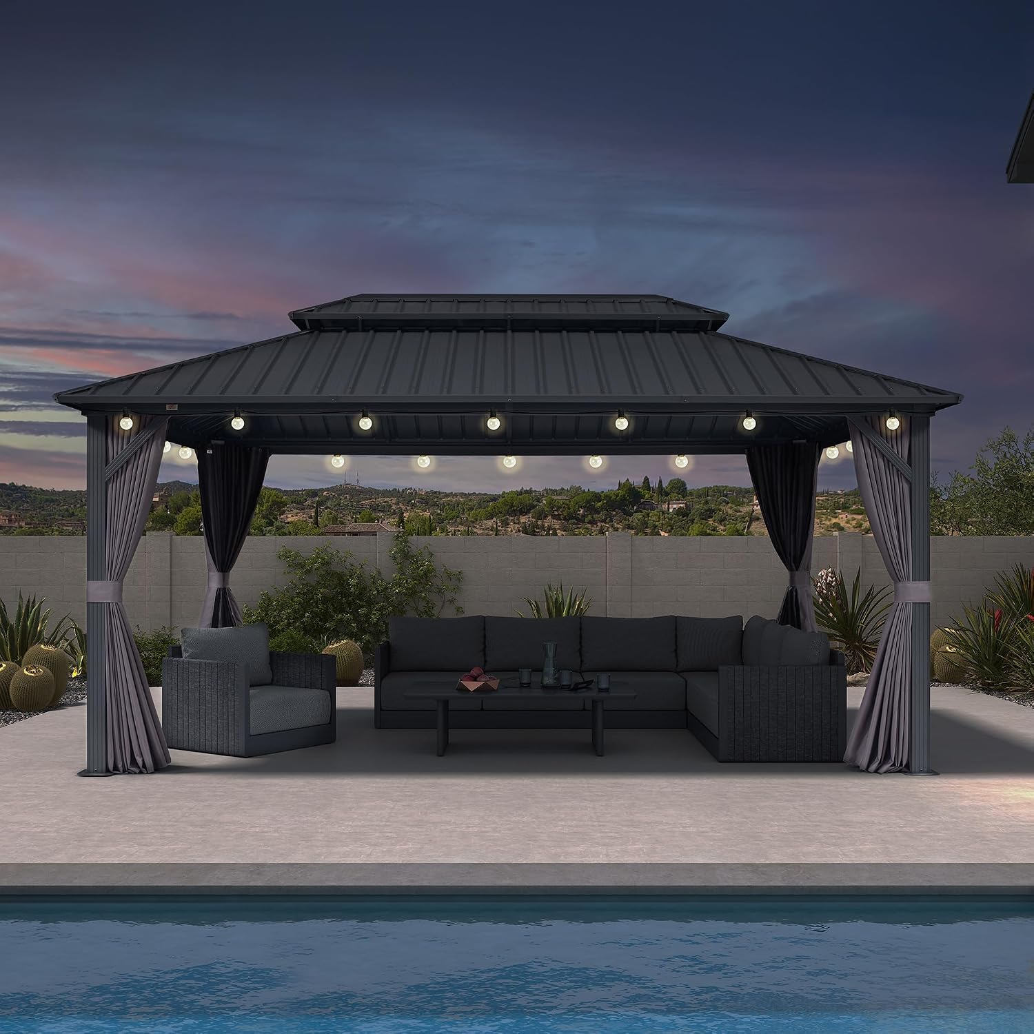 PURPLE LEAF 10'x16' Hardtop Gazebo with Lights Patio Outdoor Pavilion with Galvanized Steel Double Roof Includes Netting and Curtains for Garden Lawn Backyard Grey