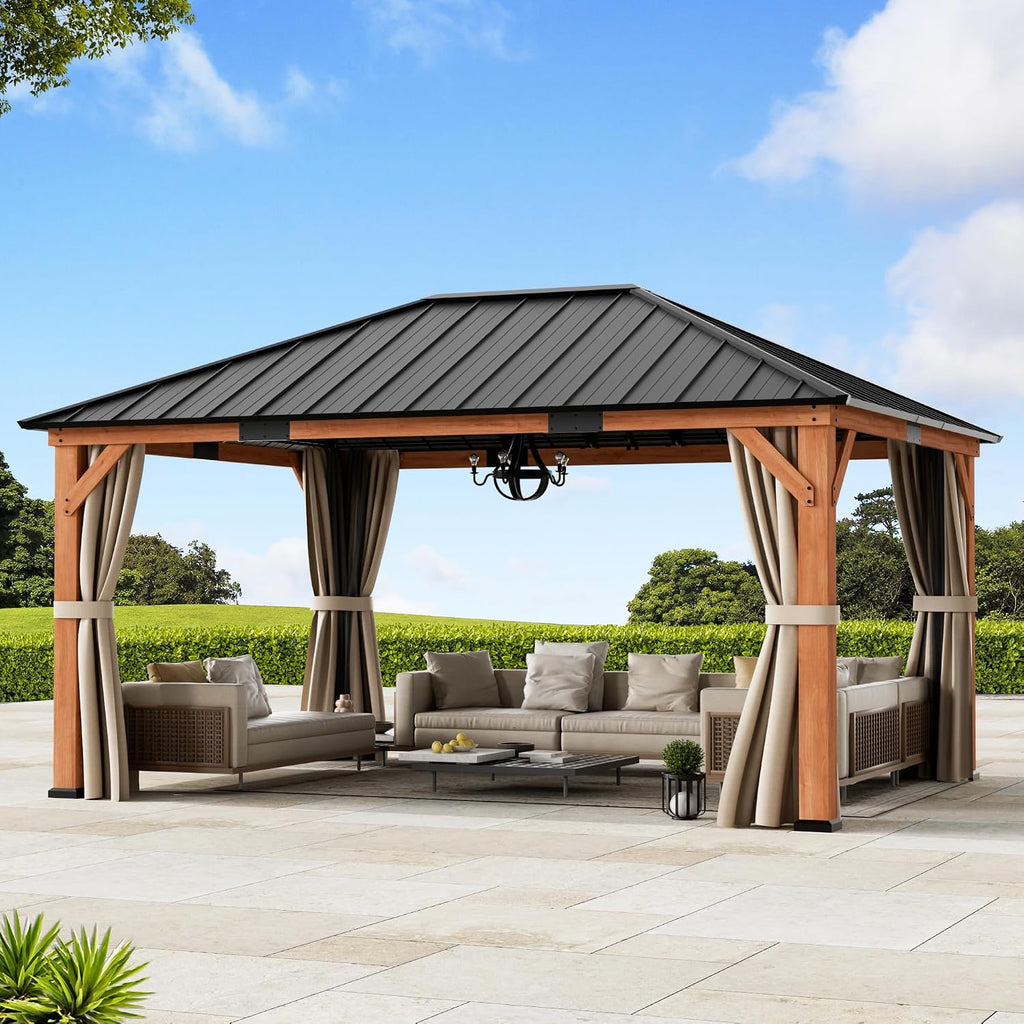 Big Leaf 12'x16' Wood Gazebo with Galvanized Steel Roof - Hardtop Gazebo with Cedar Frame Permanent Hardtop Pavilion with Mosquito Netting & Curtains for Garden, Backyard