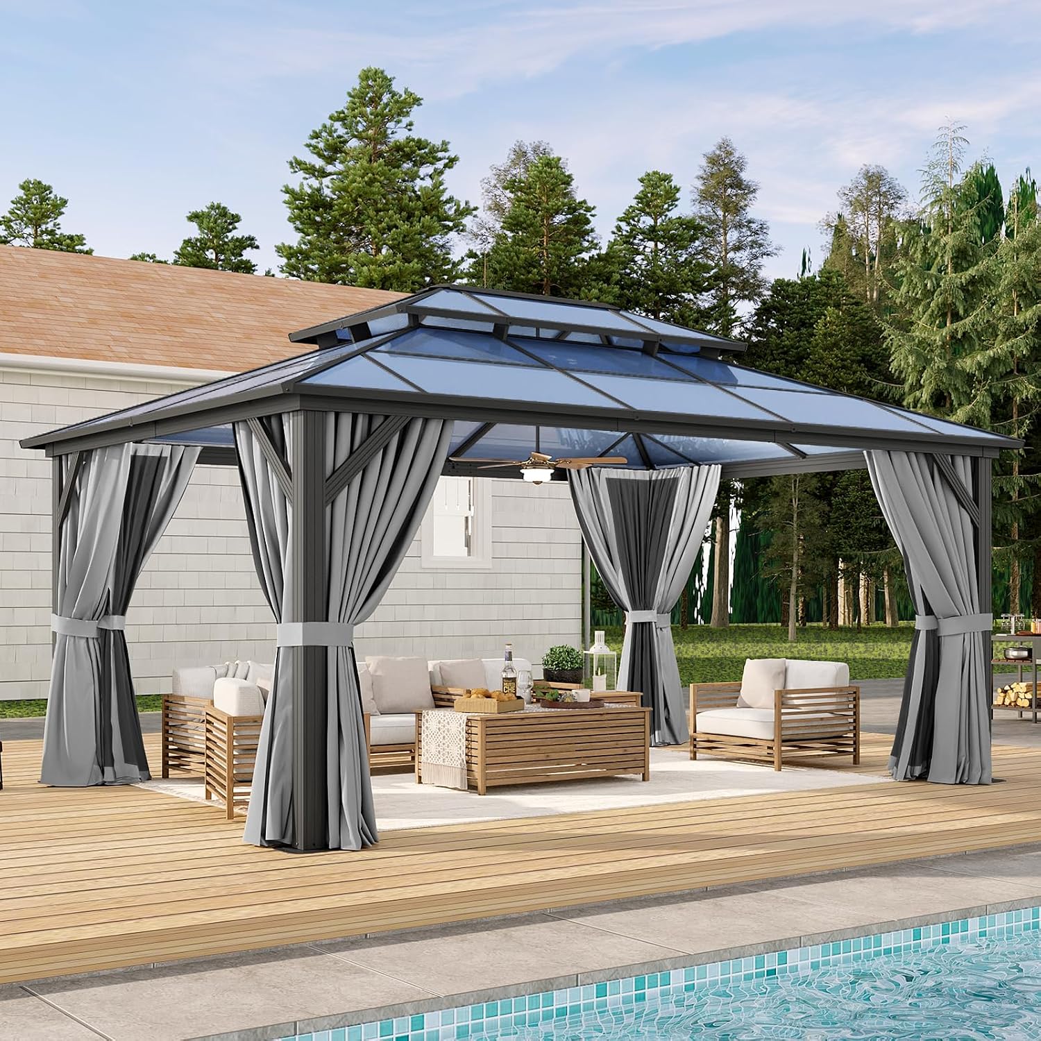 Aoxun 12x16FT Hardtop Gazebo, Aluminum Frame Permanent Pavilion with Curtains and Netting, Outdoor Polycarbonate Double Roof Canopy, Designed for Garden, Lawns, Patio