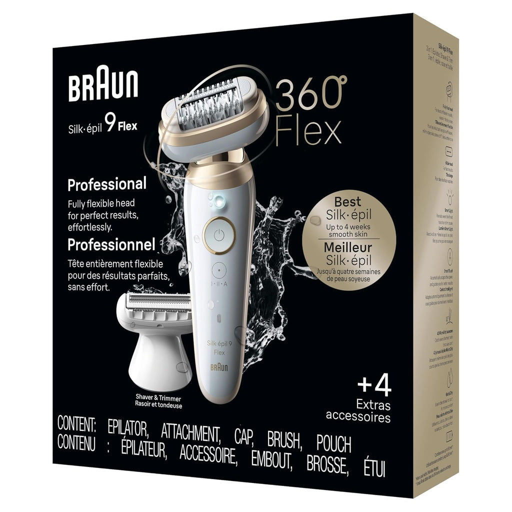 Braun Silk-épil 9 Flex Epilator, 360 Flex and Pivoting Head, Wet and Dry, Includes Shaver Head, Trimmer Comb, SES9-041 3D, Tinted Gold
