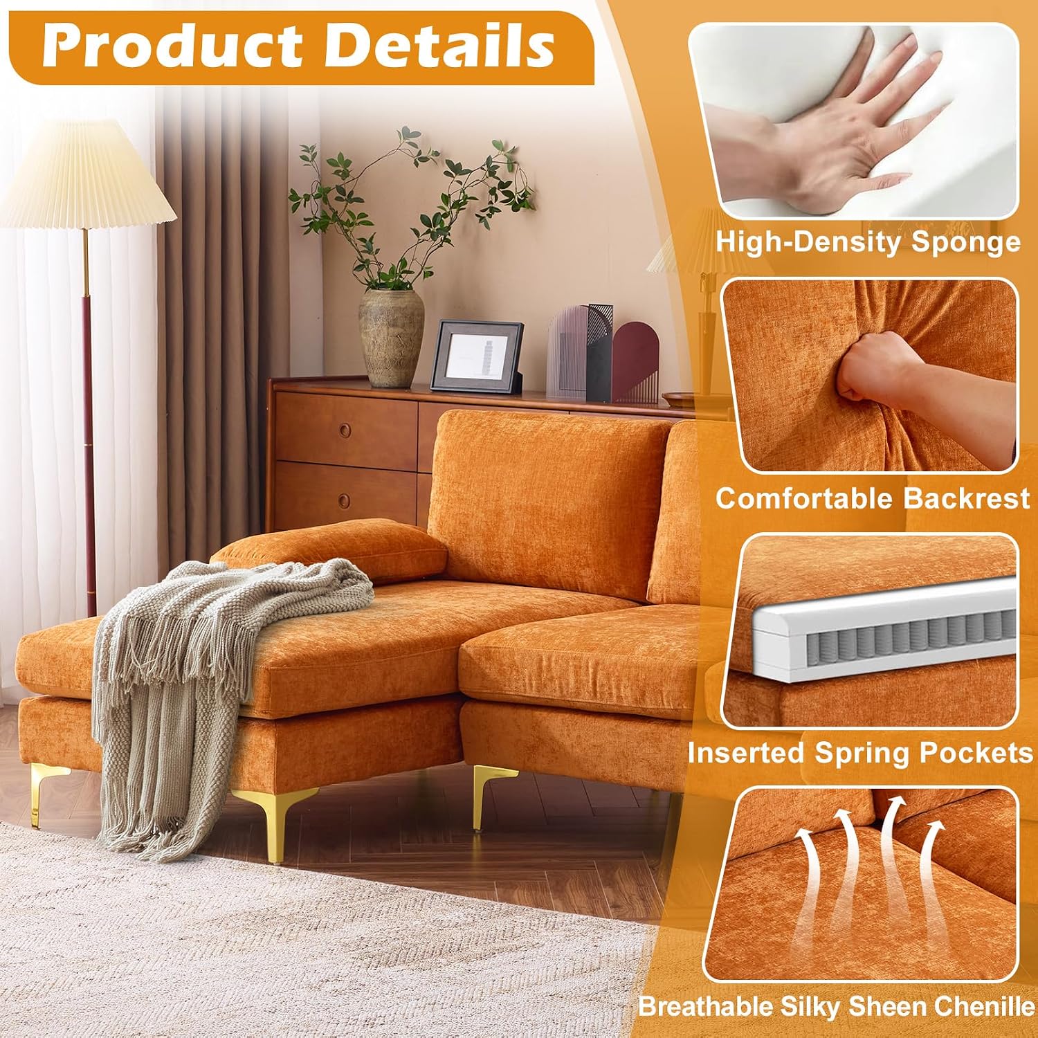 VINGLI 110' Sectional Couches for Living Room,U Shape Couch with Double Chaise, 4-Seat Sofa Set with Chenille Fabric for Home Furniture,Burnt Orange