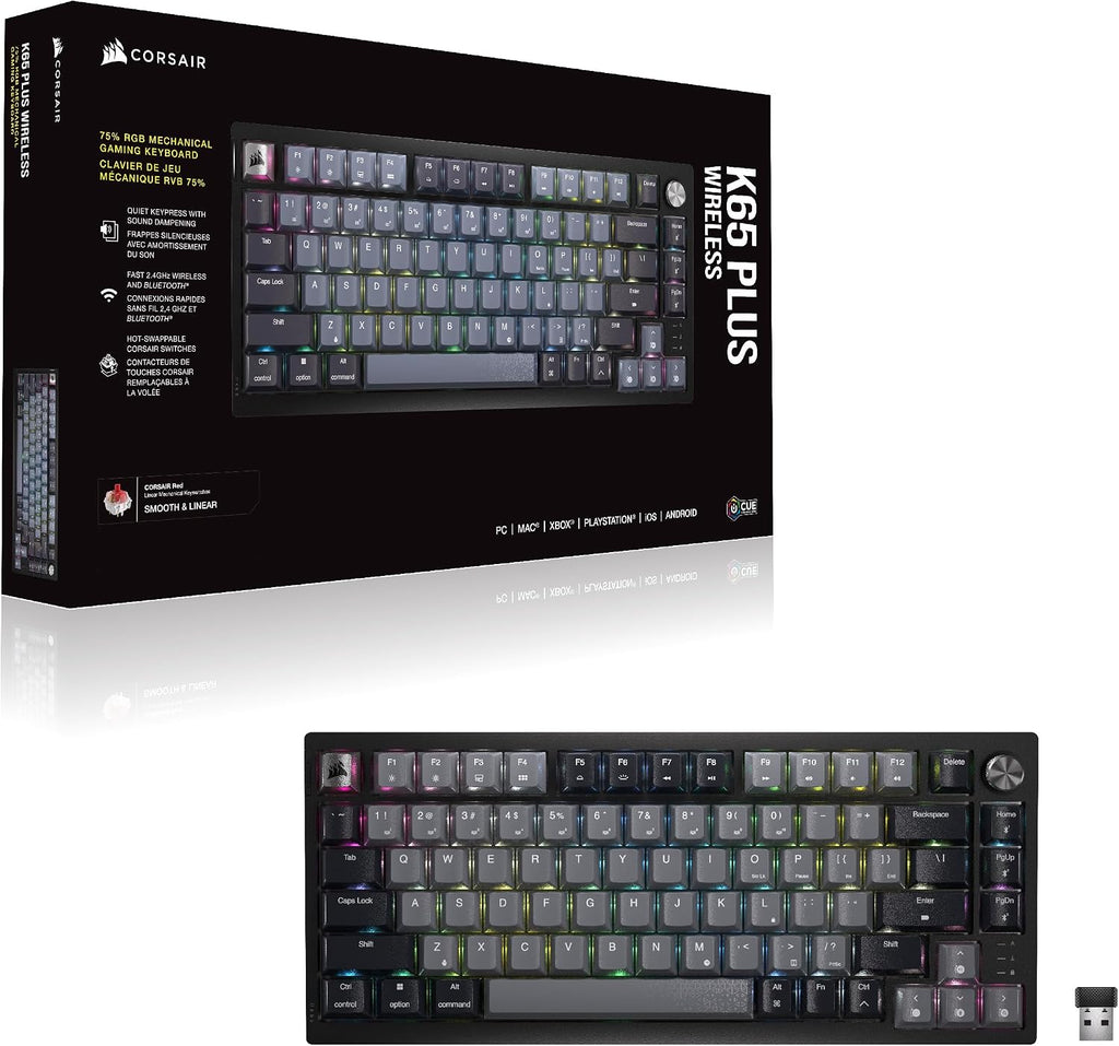 Corsair K65 Plus Wireless 75% RGB Mechanical Gaming Keyboard – Pre-Lubricated MLX Red Linear Switches – PBT Dye-Sub Keycaps – PC, Mac, PS5, PS4, Xbox, iPad – QWERTY NA – Black/Gray