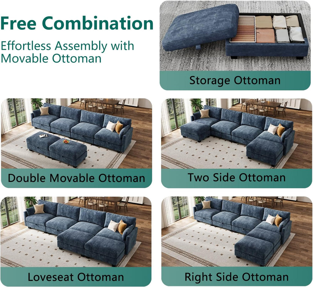 Modular Sectional U Shaped Sofa Couches for Living Room, Cloud Couch with Storage Ottoman, Comfy Chenille Sofa with Pillow, Blue