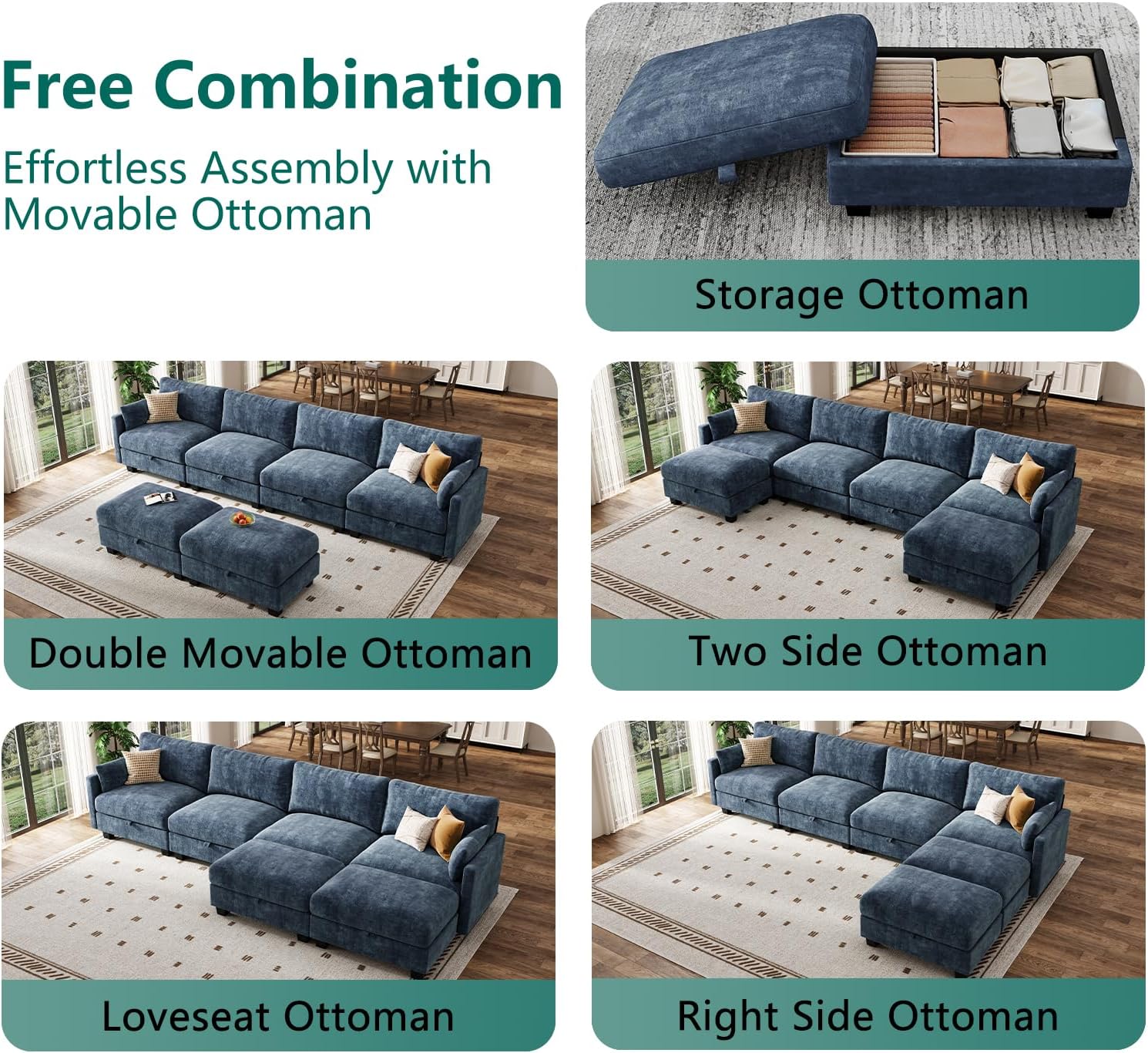 Modular Sectional U Shaped Sofa Couches for Living Room, Cloud Couch with Storage Ottoman, Comfy Chenille Sofa with Pillow, Blue