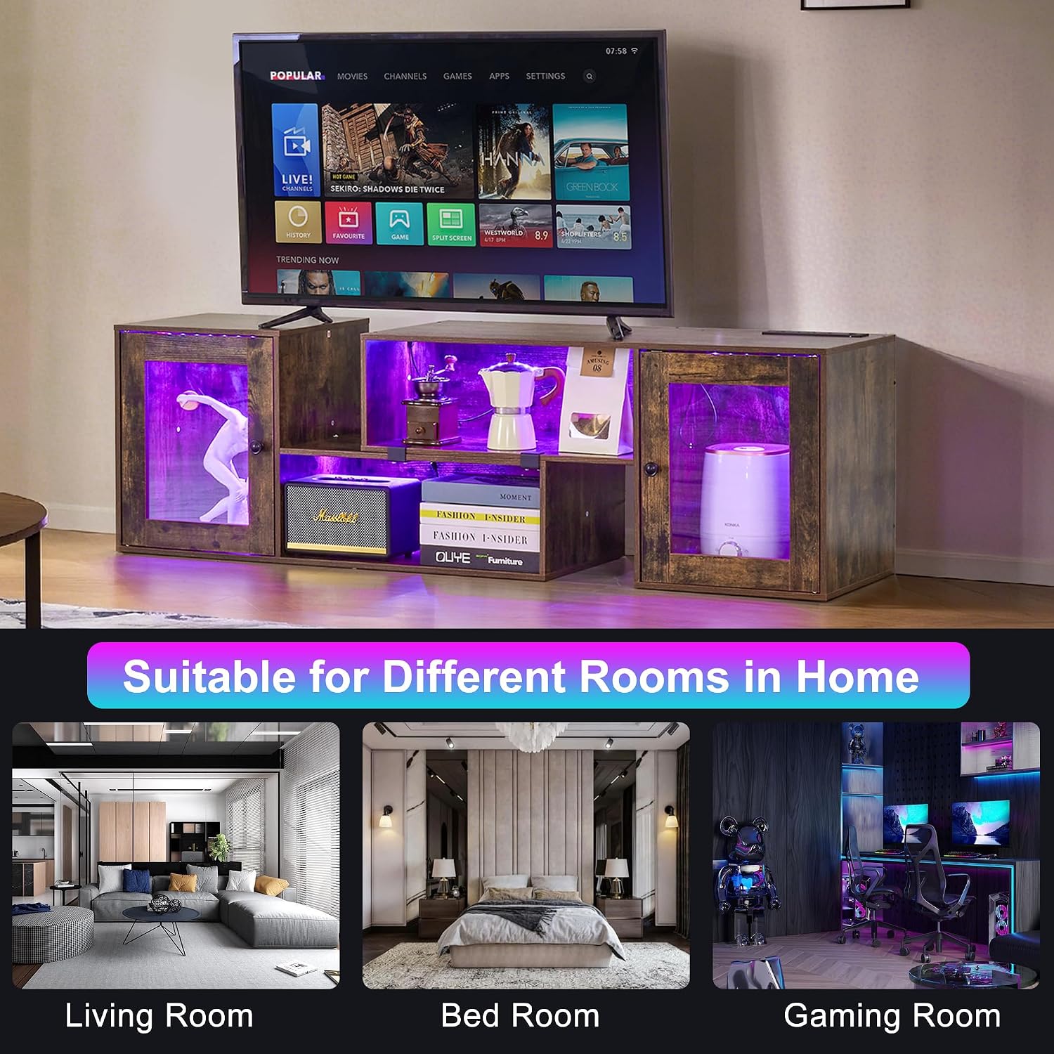 VECELO LED TV Stand for Televisions up to 70 Inchs Modern Entertainment Center with Storage, Media Console with 23 Flashing Options and 4 Customizable Modes for Living Room, Bedroom, Brown