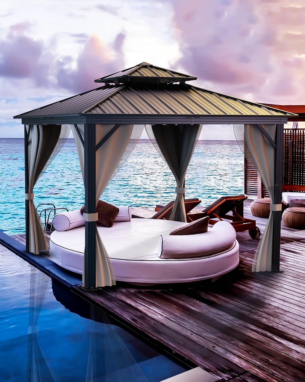Hardtop Gazebo 10'x10' for All Weather, with Double Metal Roof, Aluminum Alloy Frame, and Net and Curtain, Permanent Building of Backyard Luxury for Patio, Deck, Backyard, Lawn, and Garden, Khaki