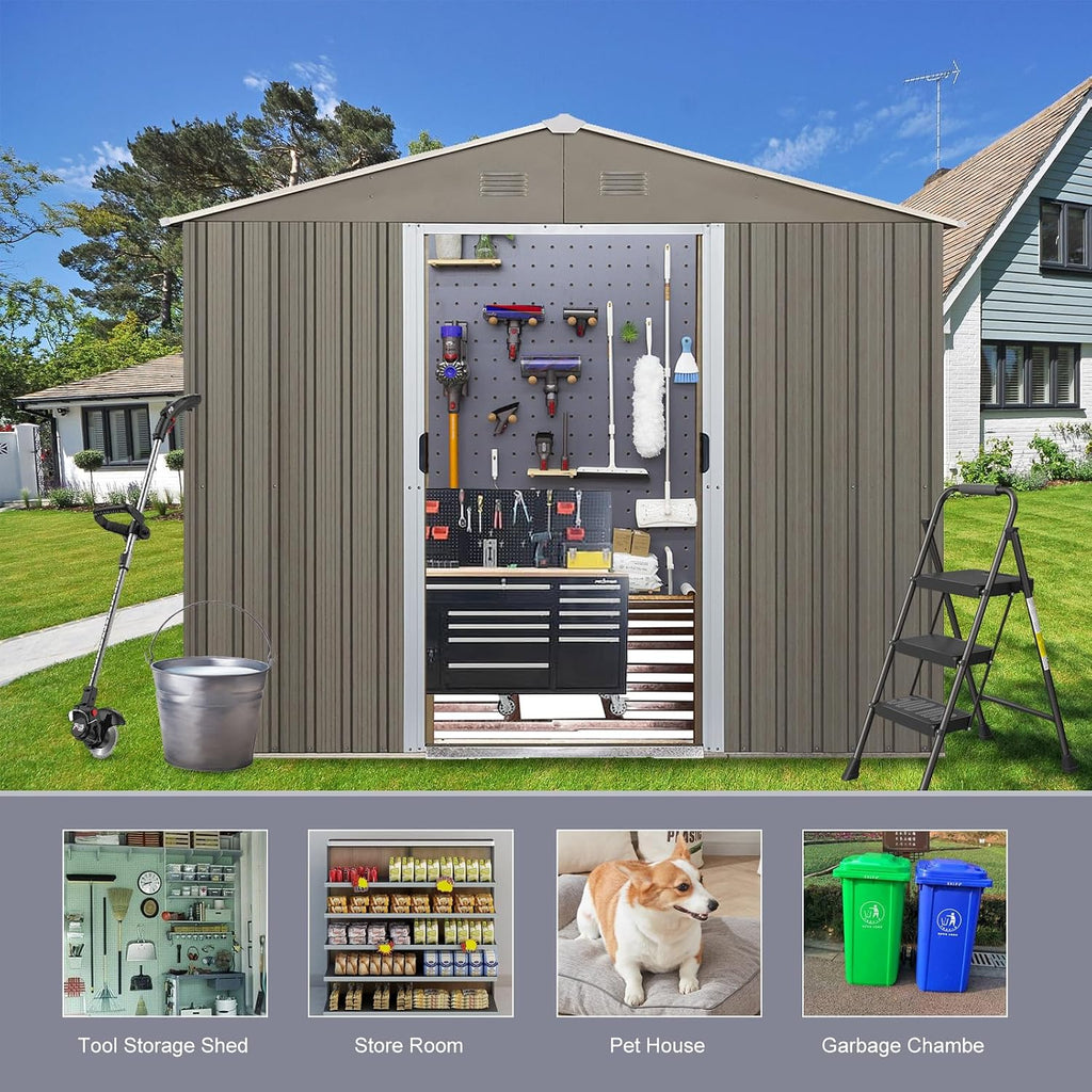 8x10 ft Outdoor Metal Storage Shed with Floor Frame, Lockable Galvanized Steel Tool Shed with Sliding Door and Air Vent, Waterproof Garden Storage House for Backyard, Patio
