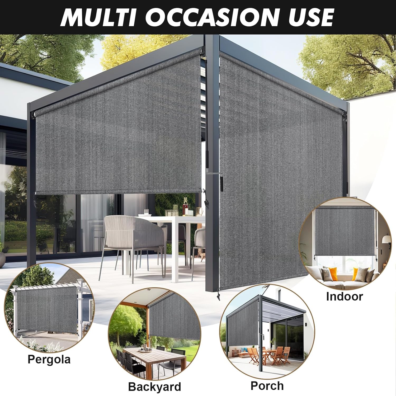 Artpuch Custom Size Outdoor Roller Shade 6' W x 6' H, Cordless Patio Shades Roll Up Outdoor Blinds with 5% Openness Solar Fabric Light Filtering for Porch, Gazebo, Pergola, Grey