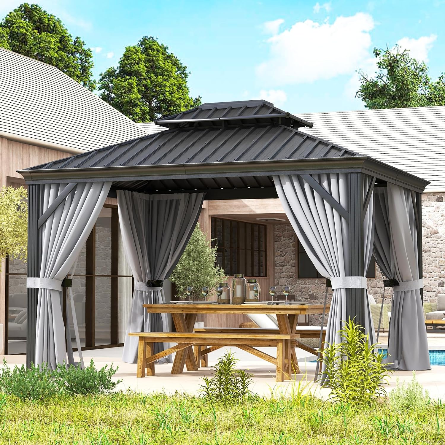 oneinmil 10' x 12' Hardtop Gazebo, Galvanized Steel Double Roof, Aluminum Frame Outdoor Metal Gazebo with Privacy Curtains and Mosquito Netting, for Gardens, Patios, and Lawns