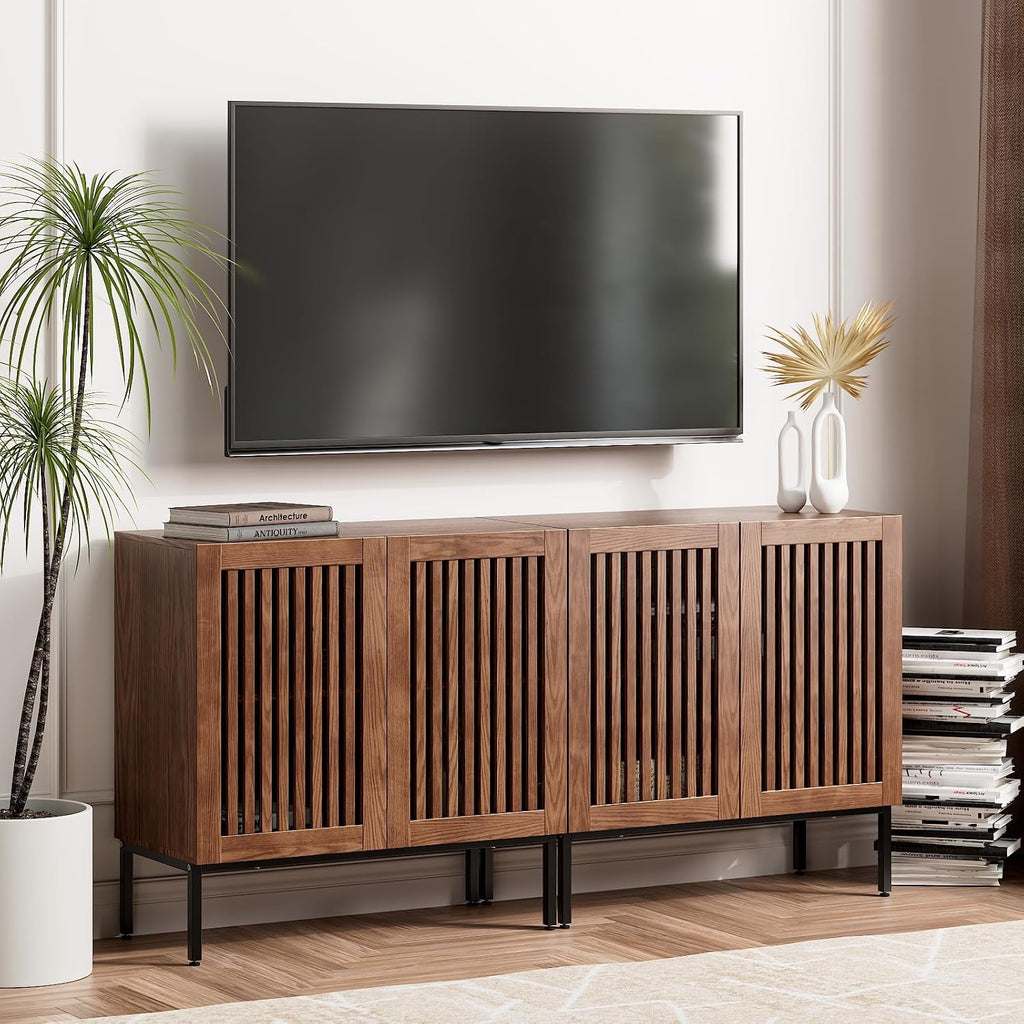 BVIUNTWO Farmhouse TV Stand for 70 Inch TVs, 2-in-1 Entertainment Center with Storage Cabinets & Metal Base,Brown Media Console for Living Room