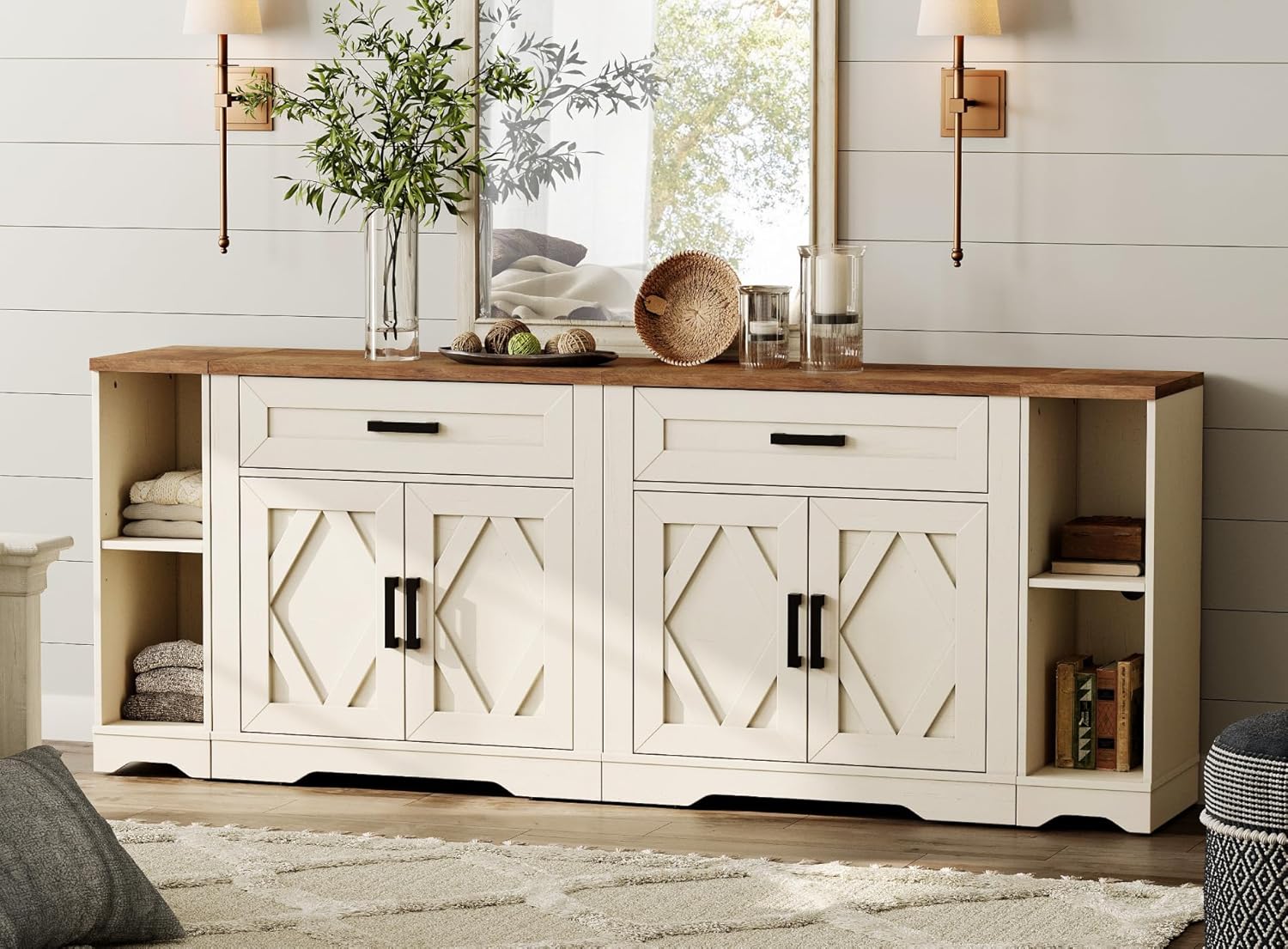 WAMPAT 82.7' W TV Stand for up to 95' TVs,Farmhouse Entertainment Center with Storage Barn Door Cabinet,TV Console Table with Media Cabinet and Drawers for Living Room,Bedroom,Cream White