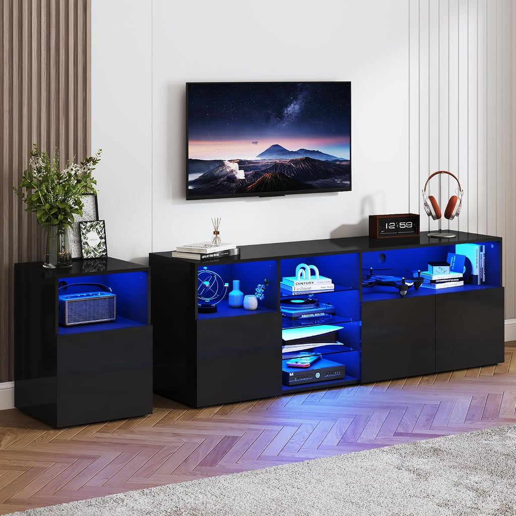 Hlivelood LED TV Stand for 85 Inch TV, Modern TV Stand with Power Outlet, High Glossy Modern TV Console Entertainment Center with Storage and LED Lights for Living Room, Bedroom, Black