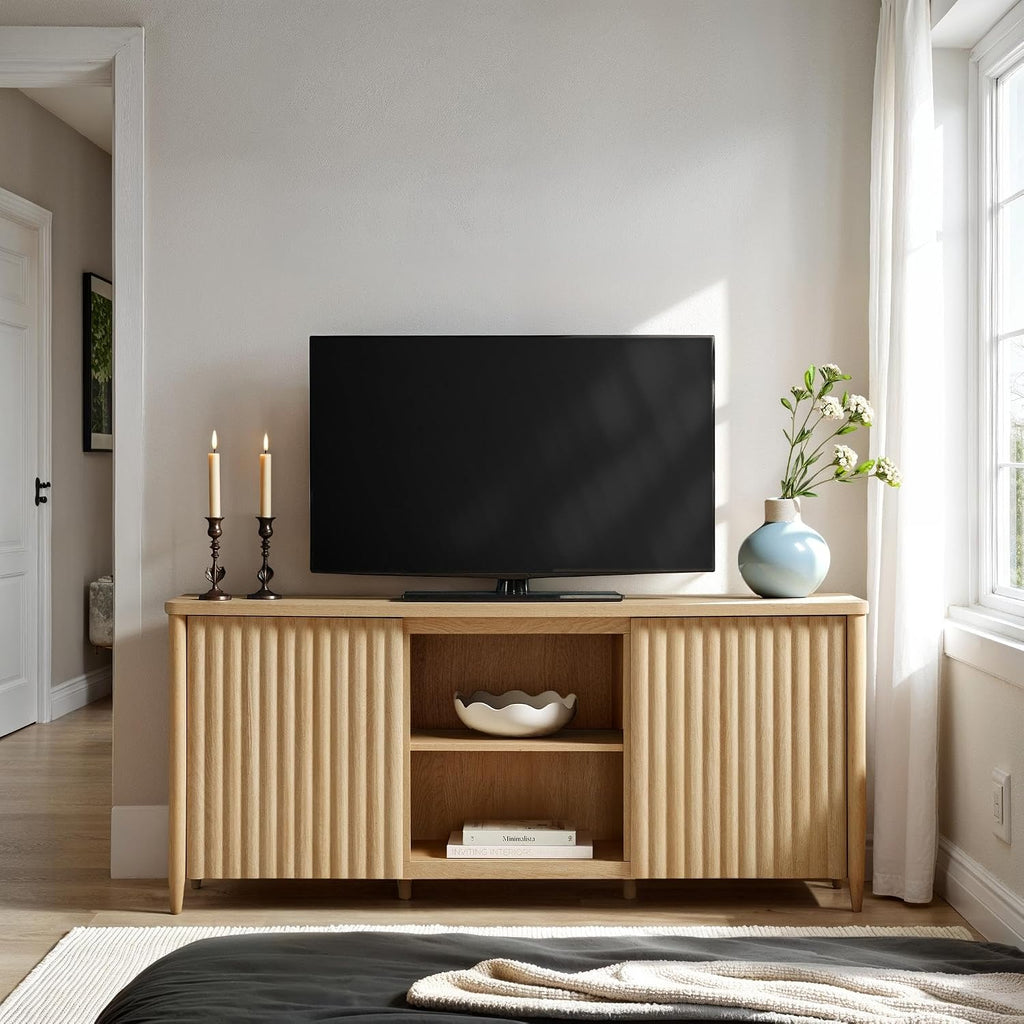 Walker Edison Scandinavian Reeded TV Stand with Storage for up to 70' TV Coastal Oak