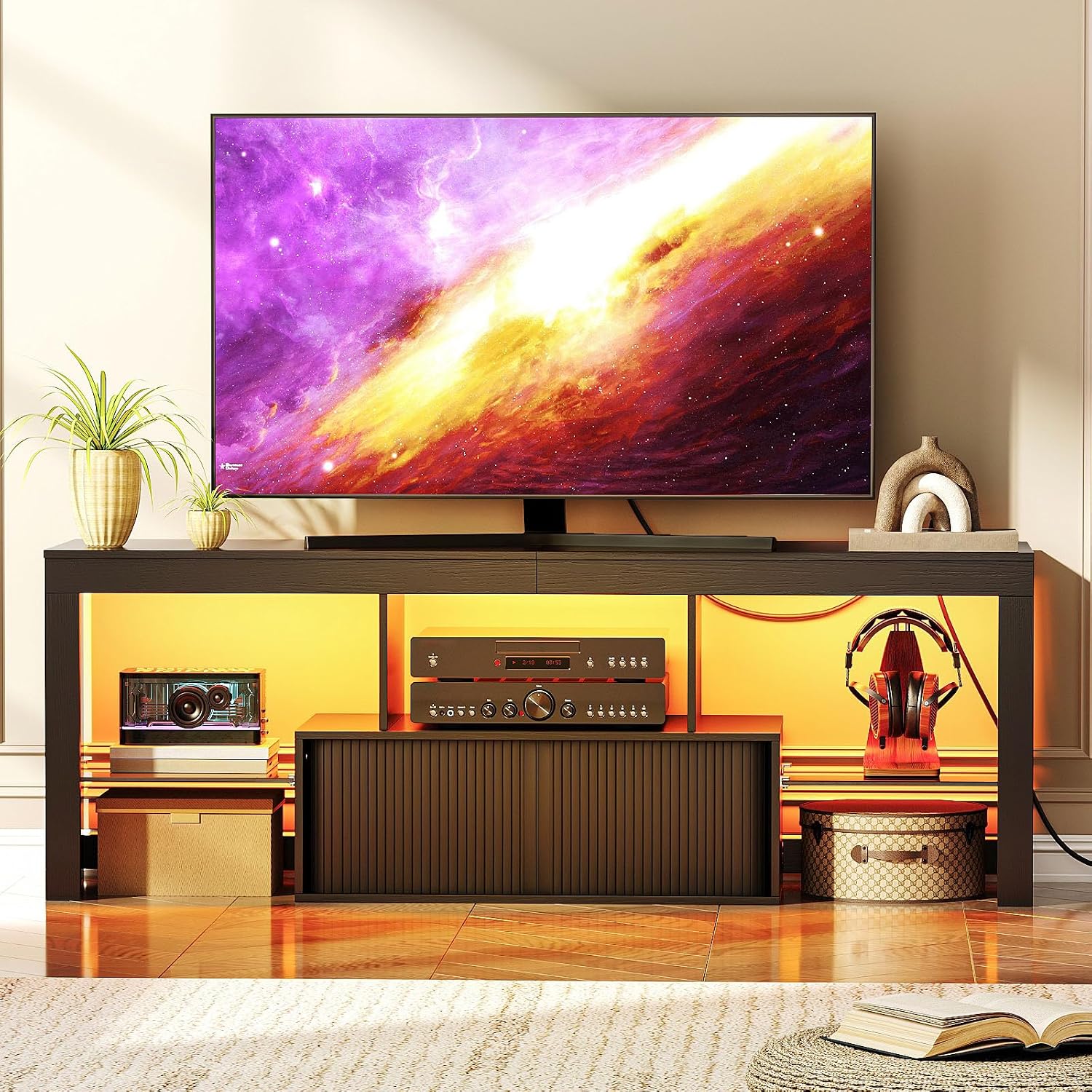 CHOEZON TV Stand with Power Outlet, Modern TV Cabinet for 55 60 inch TVs, Media TV Console with LED Light Strip, Media Entertainment Center with Storage, for Living Room, Bedroom, Black MDS02UDBB