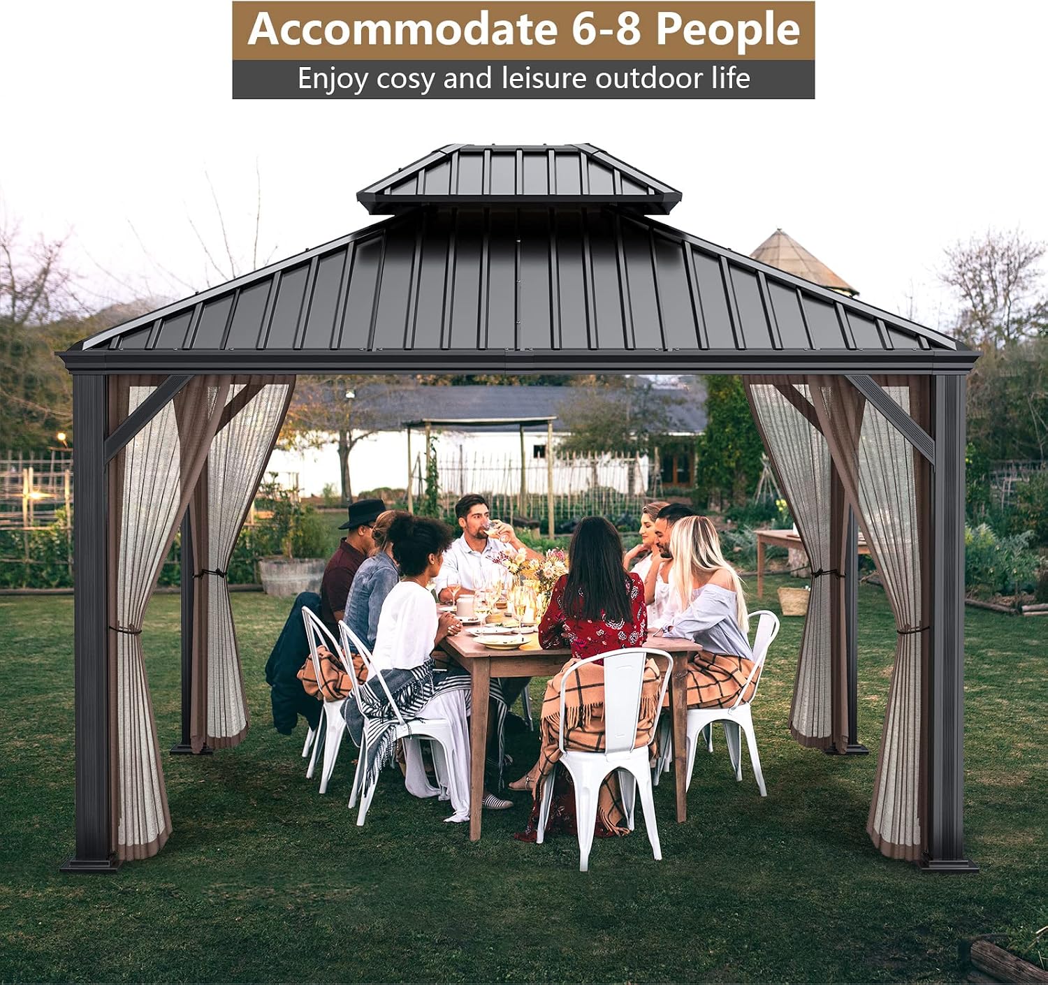 Tangkula 12ft x 10ft Hardtop Gazebo, 2-Tier Outdoor Gazebo w/Double Vented Roof & Central Hook, Galvanized Steel Frame Patio Sun Shelter for Lawn Backyard Poolside Deck (Brown)
