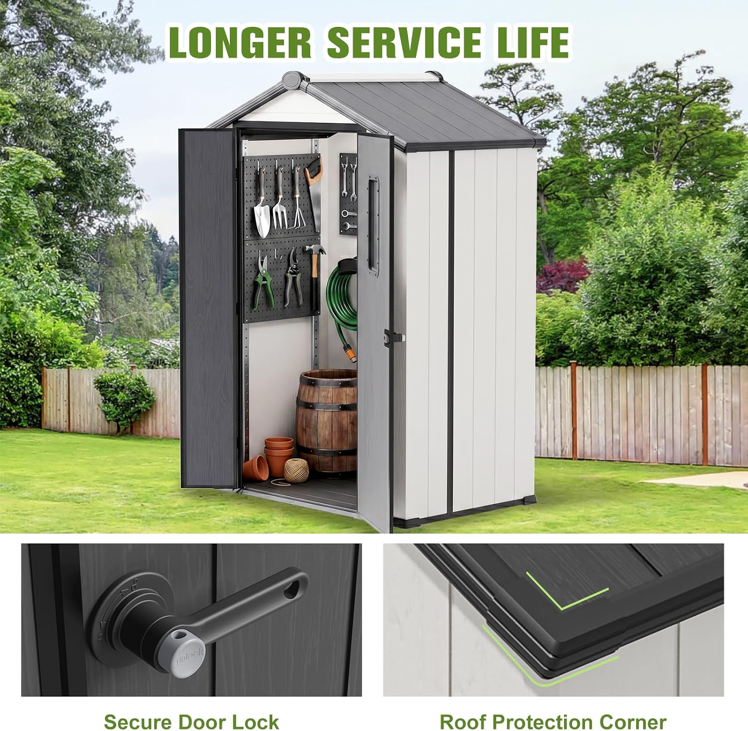 COOS BAY 5x3 Outdoor Storage Shed with Floor, Lockable Doors, All-Weather Resin Garden Tool Shed, White/Gray
