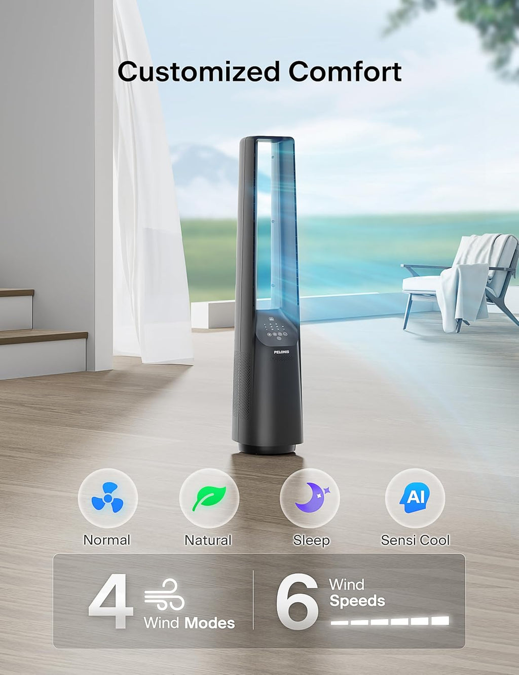PELONIS 40' Smart Bladeless Fan for Bedrrom - Tower Fan, Alexa/Google/WiFi, DC Motor, 6 Speeds, 4 Modes, Remote, 7H Timer, 90° Oscillation, Safe for Home and Office