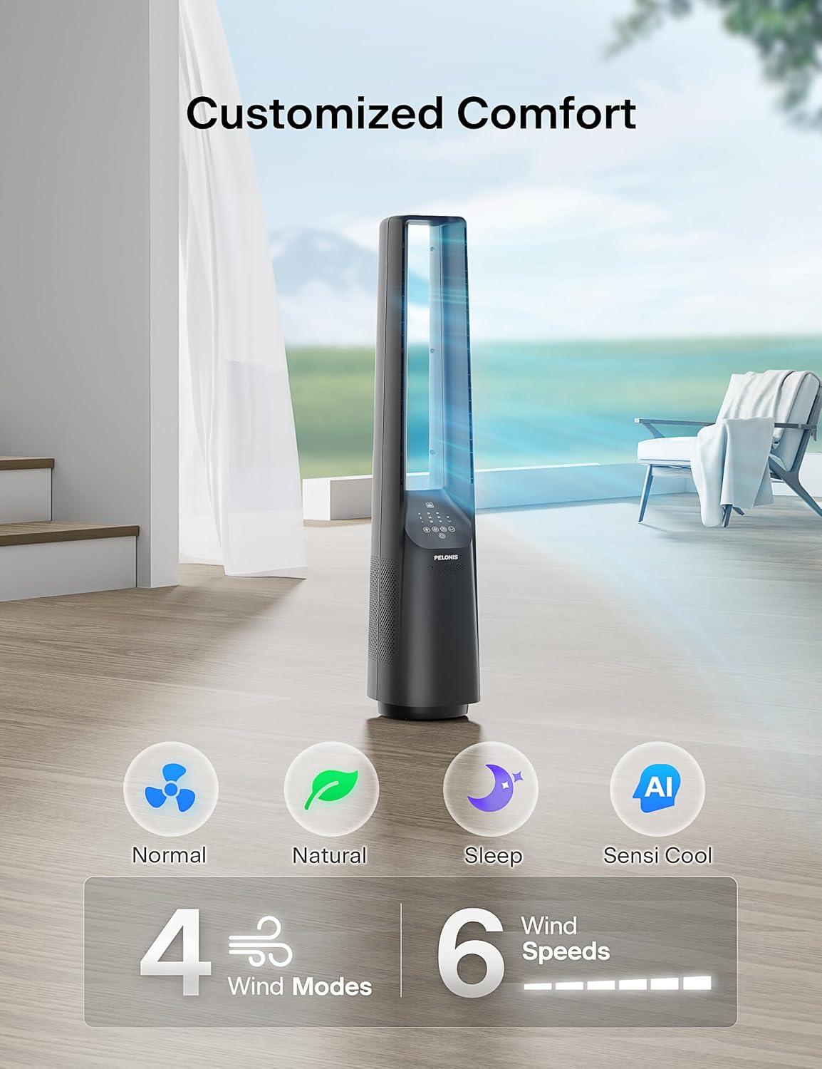 PELONIS 40' Smart Bladeless Fan for Bedrrom - Tower Fan, Alexa/Google/WiFi, DC Motor, 6 Speeds, 4 Modes, Remote, 7H Timer, 90° Oscillation, Safe for Home and Office