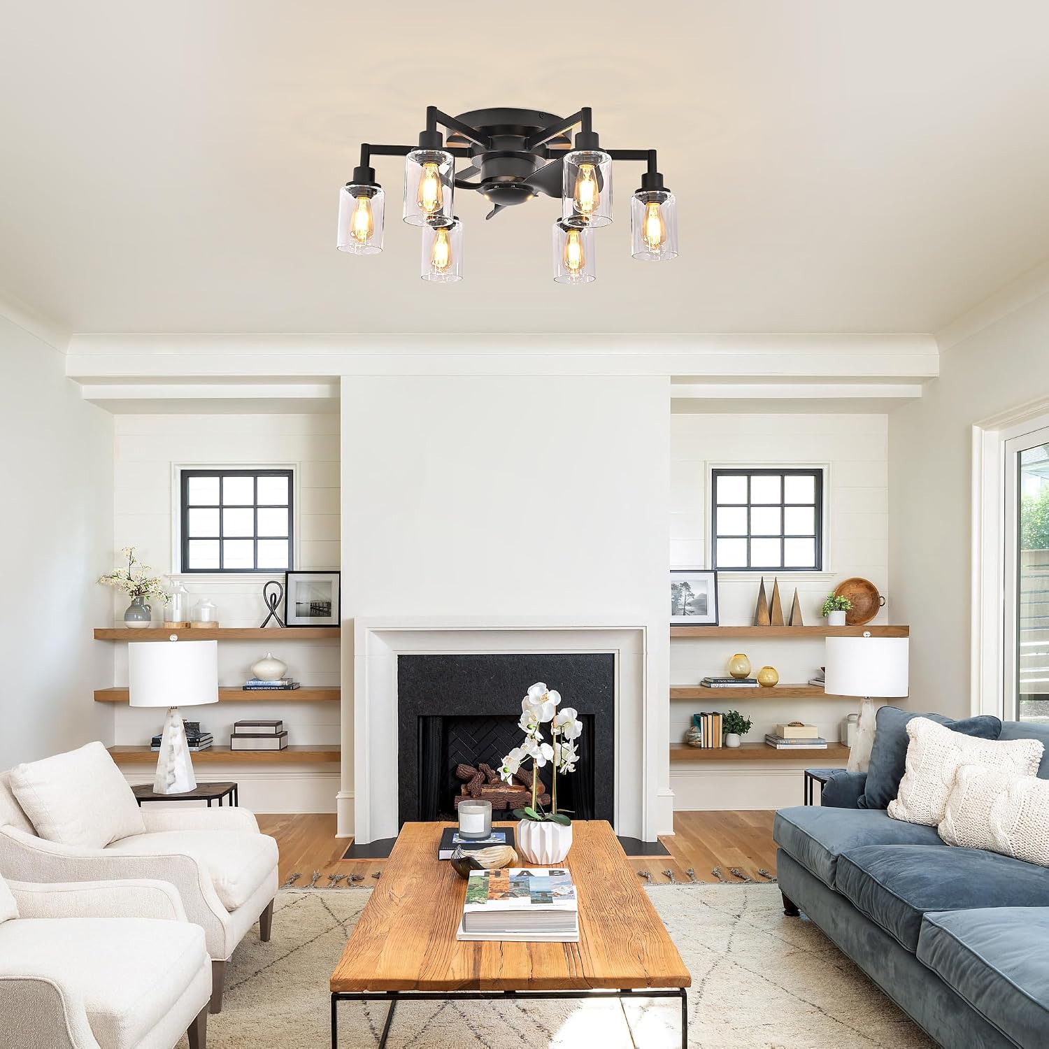 Garwarm 26.4' Ceiling Fans with Lights, Black Flush Mount Ceiling Fan with Lights Remote Control,Low Profile Bladeless Ceiling Fan Light Fixture for Bedroom, Kitchen, Dining Room