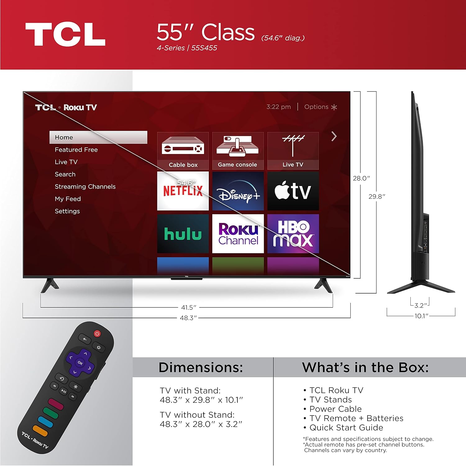 TCL 55' Class 4-Series 4K UHD HDR Smart Roku TV(Wi-Fi, RF, USB, Ethernet, HDMI) - 55S455