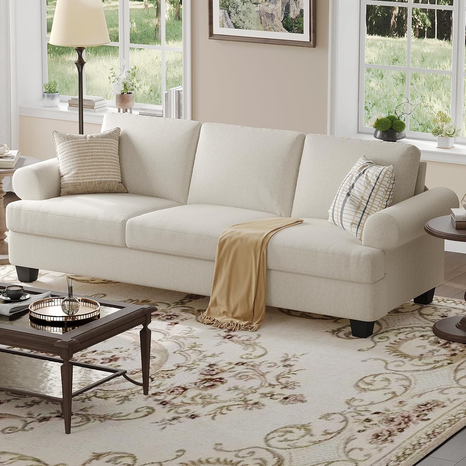 COPIAE 91 Inch Lawson Sofa with Extra Deep Seats Oversize, Mid-Century 3-Seat Sofa Couch, for Living Room, Apartment, Lounge, White
