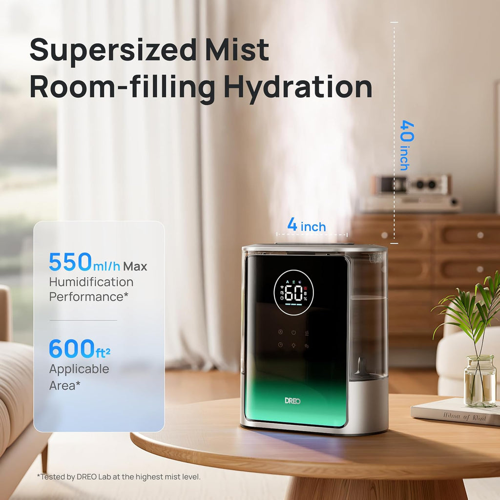 DREO 8L Smart Humidifier Large Room 600ft², HM717S, 80H Runtime Supersized Warm and Cool Mist Humidifiers for Bedroom Baby, 28dB Quiet Air Humidifier for Plants Indoor, Home, Whole House, Silver