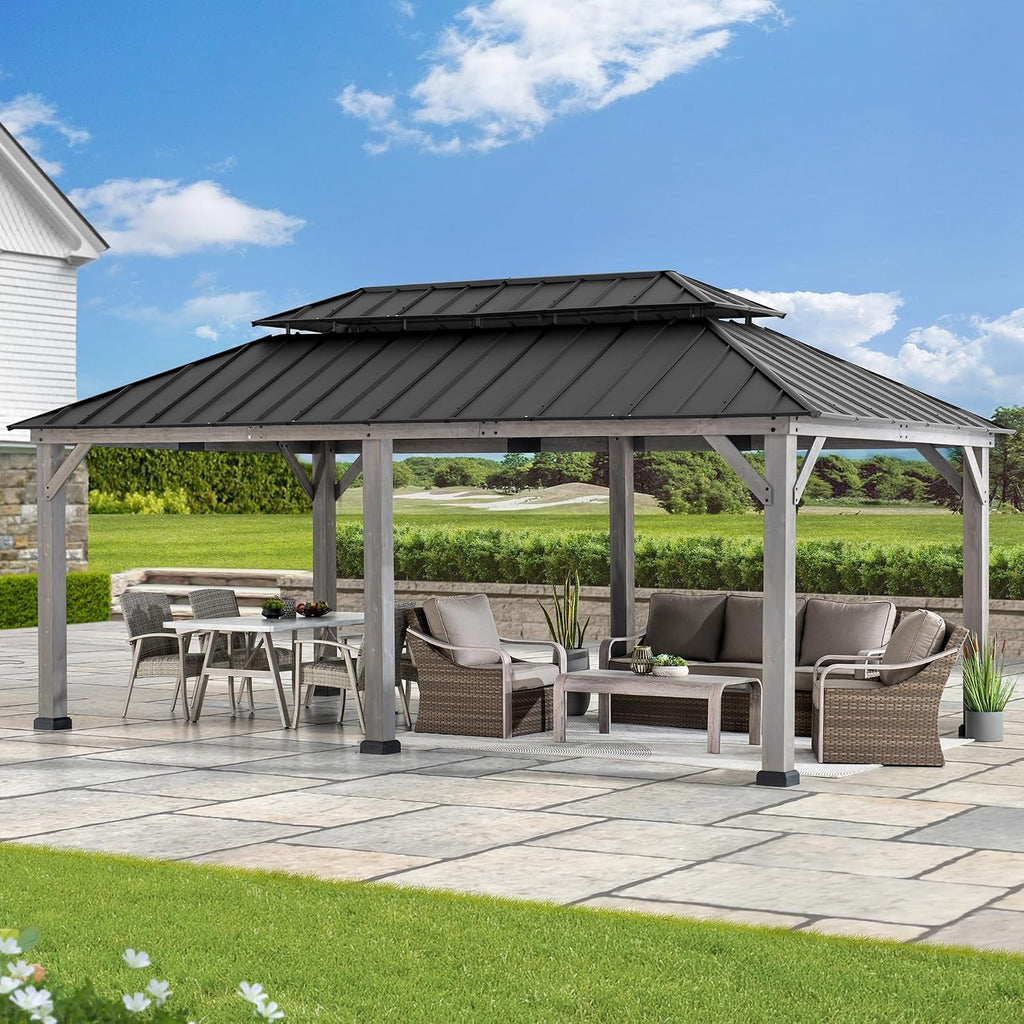 Sunjoy 12 x 20 ft. Wood Gazebo, Outdoor Patio Steel Hardtop Gazebo, Cedar Framed Wooden Gazebo with 2-Tier Metal Roof, Suitable for Patios, Lawn and Backyard, Matte Black Roof + Gray Wood Frame