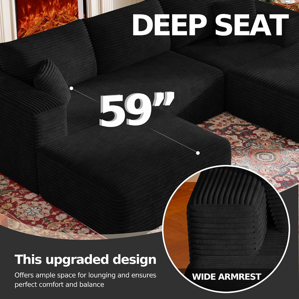 CHORRO107''Sectional Cloud Couch for Livingroom,Modular Corduroy Boneless Couch, U-Shaped Sofa with Chaise and Pillows,4-Deep Seat Sectional Sofa with 2 Ottoman,No Assembly(Black)