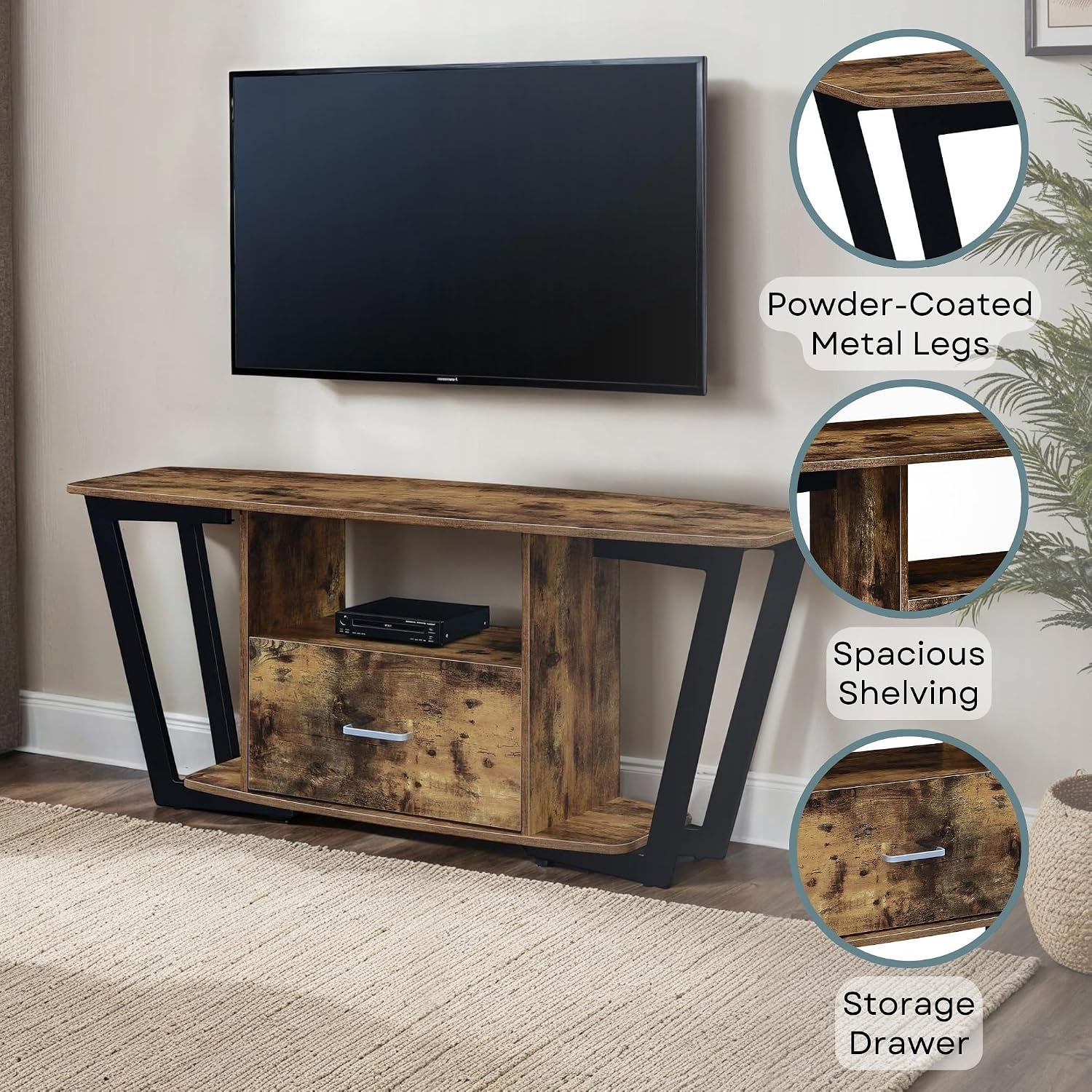 Convenience Concepts Graystone TV Stand 59.25' - Modern Entertainment Center for TVs up to 65', Industrial Media Console with Storage Drawer & Shelves for Living & Family Room, Barnwood/Black