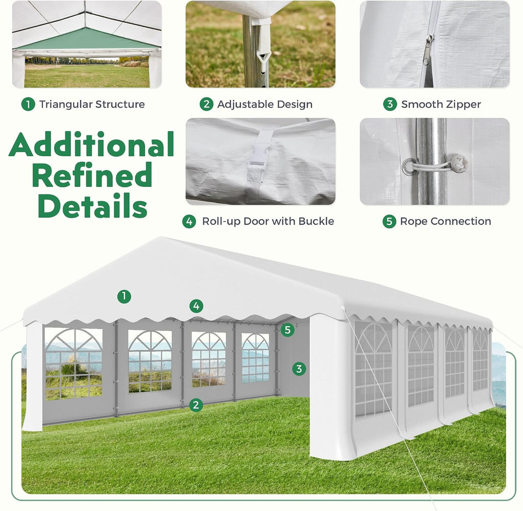 EROMMY 20X30FT Party Tent, White Outdoor Wedding Canopy with Removable Sidewalls and Church Windows, Heavy Duty Pavilion Shelter for Events, Celebrations, and Gatherings