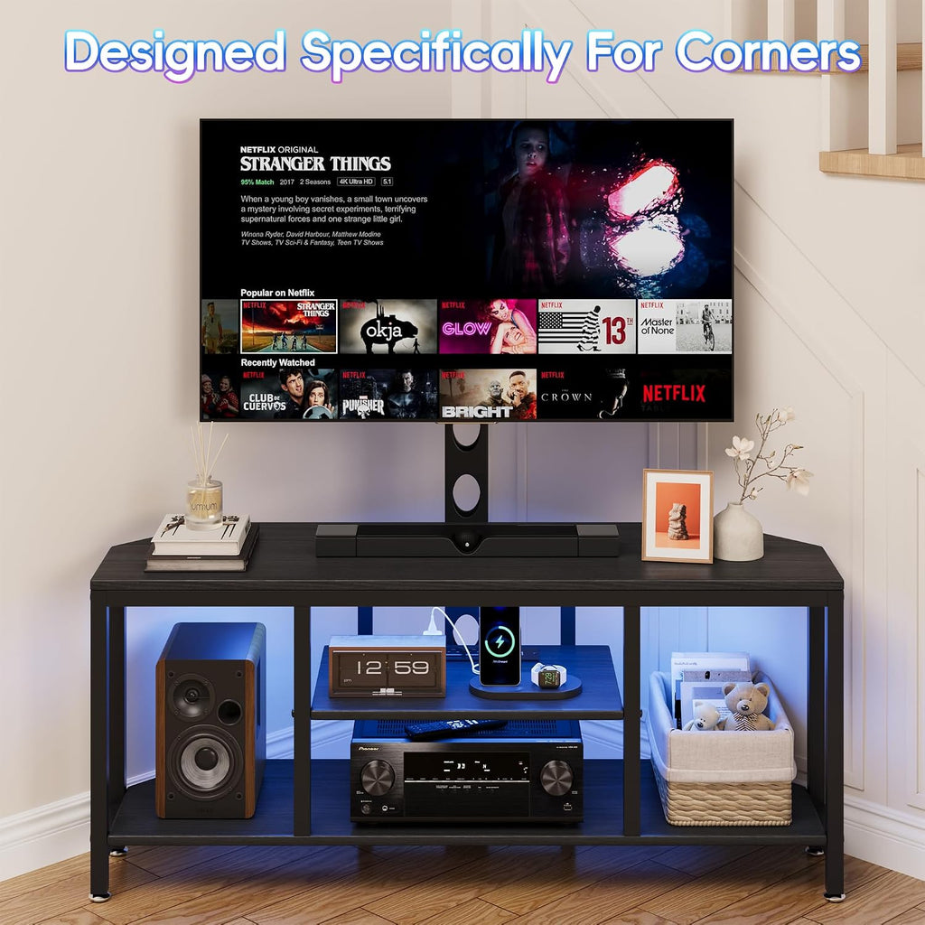 Corner TV Stand with Mount LED - Universal TV Mount Stand for 32-65' TV, Height Adjustable Swivel TV Console Wood & Steel Entertainment Center with Mount, Cabinet, Power Outlet, Colorful Light, Black