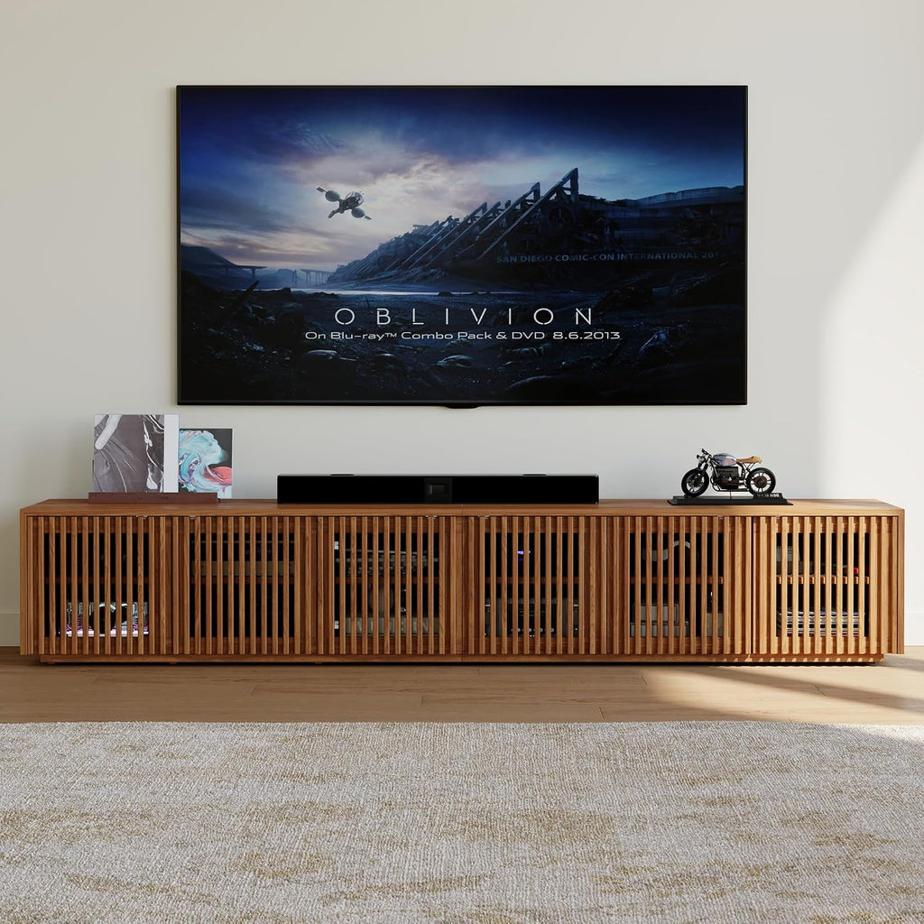 POVISON Full Assembled Mid Century Modern TV Stand, Wood Slatted Media Console for 75+ inch TV, Entertainment Center with Storage for Living Room, Low Cabinet with Removable Shelves