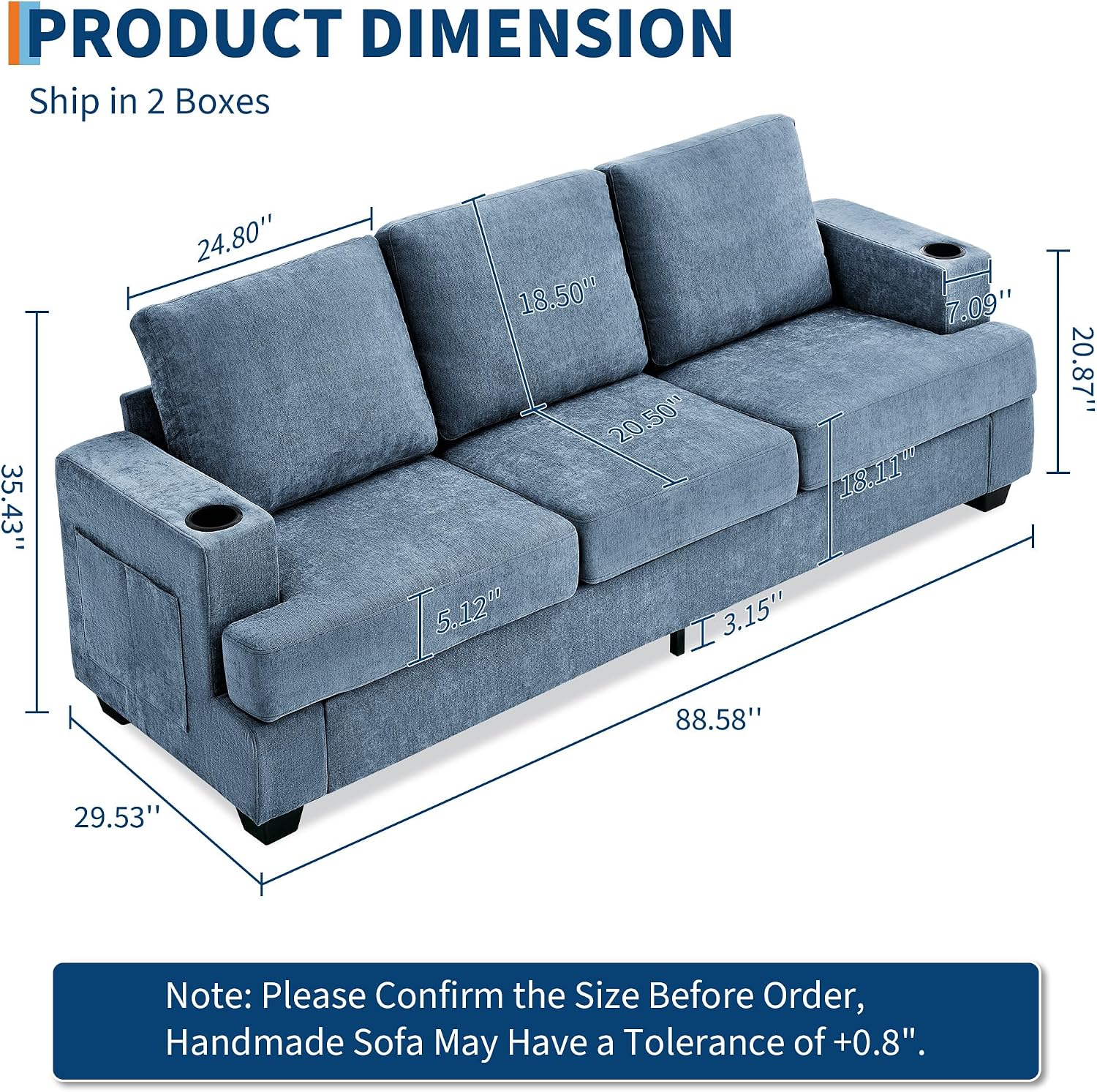 89' Chenille 3-Seater Sofa with Cup Holders and Side Storage Pockets, Modern Sofa for Living Room, Deep Seat Couches for Apartment Lounge, Blue
