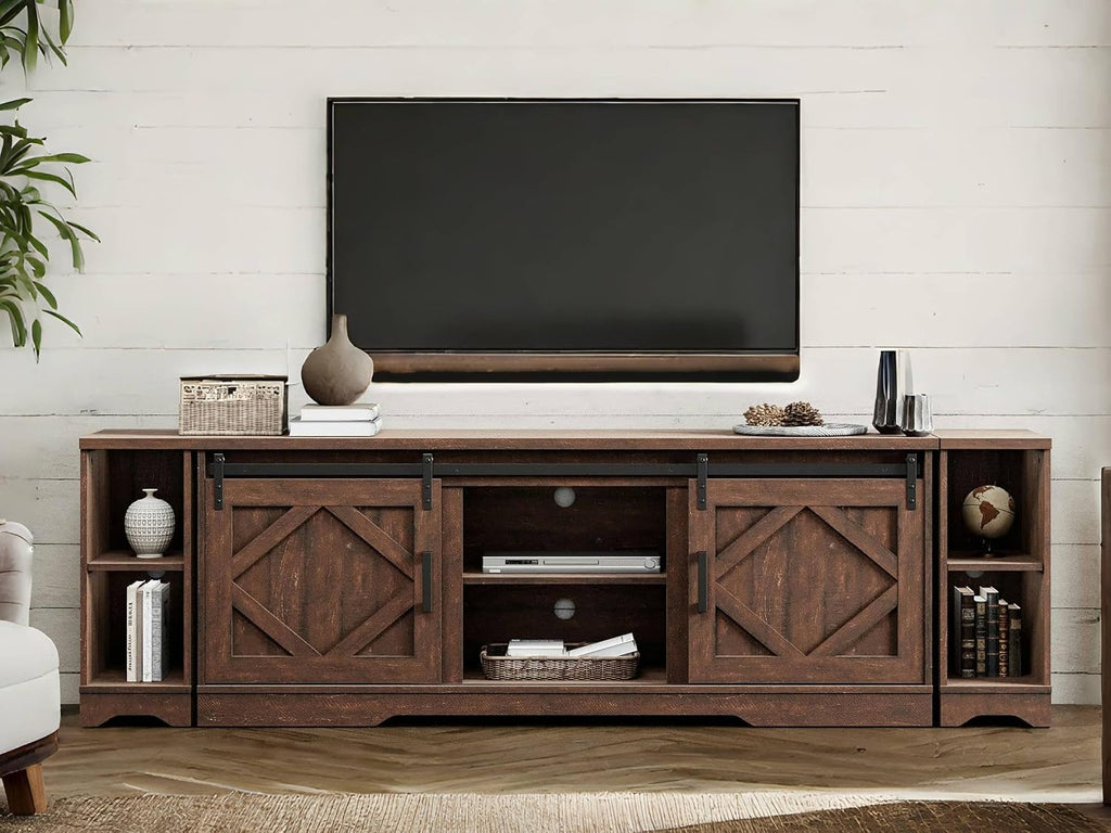 WAMPAT Modern Farmhouse 3 in 1 TV Stand for up to 95' TVs,Wood Media TV Console Table with Storage Cabinets and Sliding Barn Doors,Entertainment Center for Living Room Bedroom,Rustic Brown