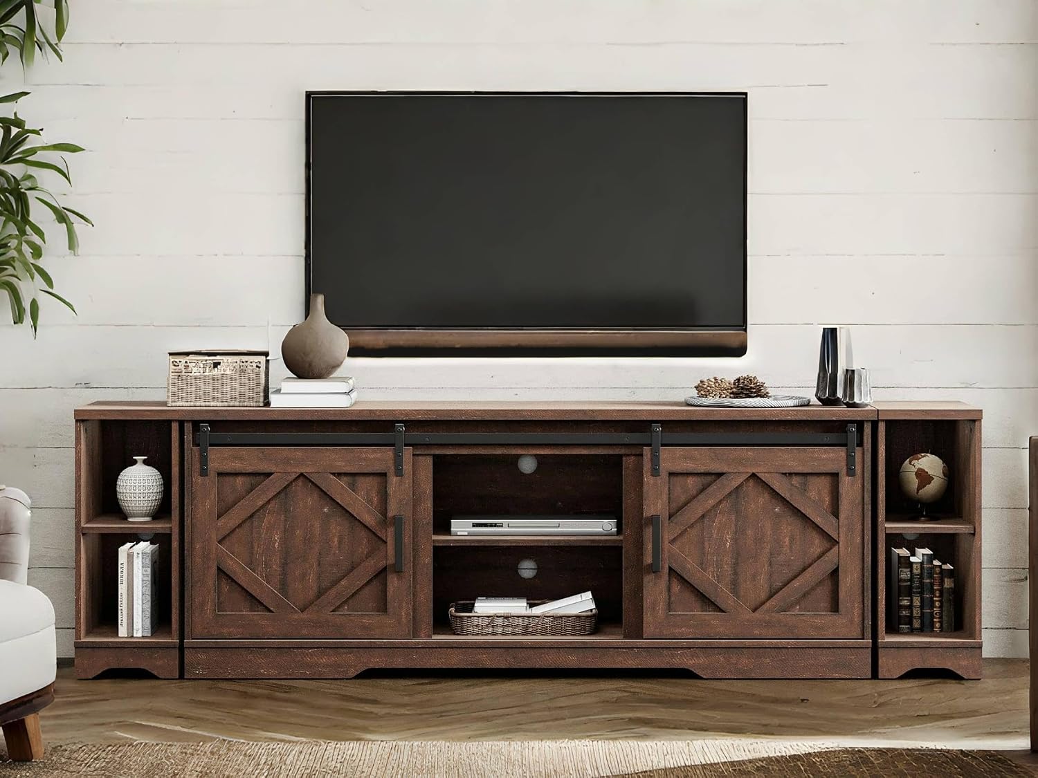 WAMPAT Modern Farmhouse 3 in 1 TV Stand for up to 95' TVs,Wood Media TV Console Table with Storage Cabinets and Sliding Barn Doors,Entertainment Center for Living Room Bedroom,Rustic Brown