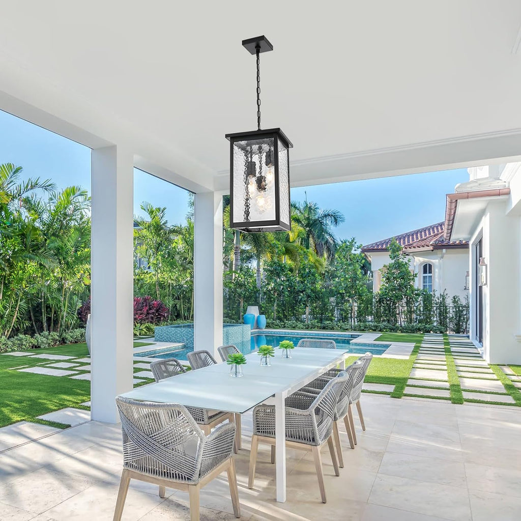 17'' Large Outdoor Pendant Lights for Porch, 3-Lights Matte Black Exterior Hanging Lantern with Hammer Glass, Outdoor Chandelier Ceiling Light Fixture for Patio, Gazebo, Entryway