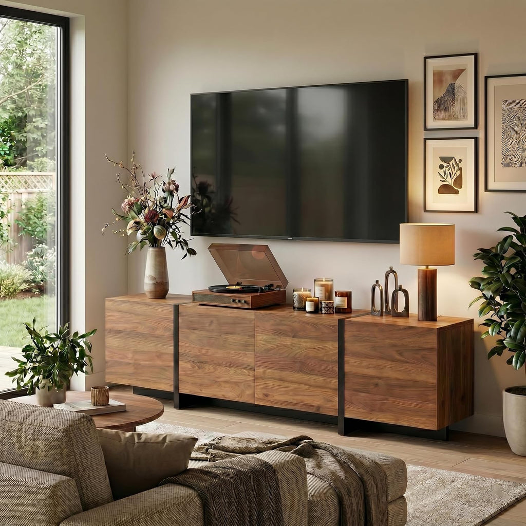 holzart 67 Inch TV Stand for TVs up to 70 Inch, Mid Century Modern Wood Media Console with 4 Storage Doors, Entertainment Center TV Cabinet Sideboard for Living Room Bedroom, Walnut Brown