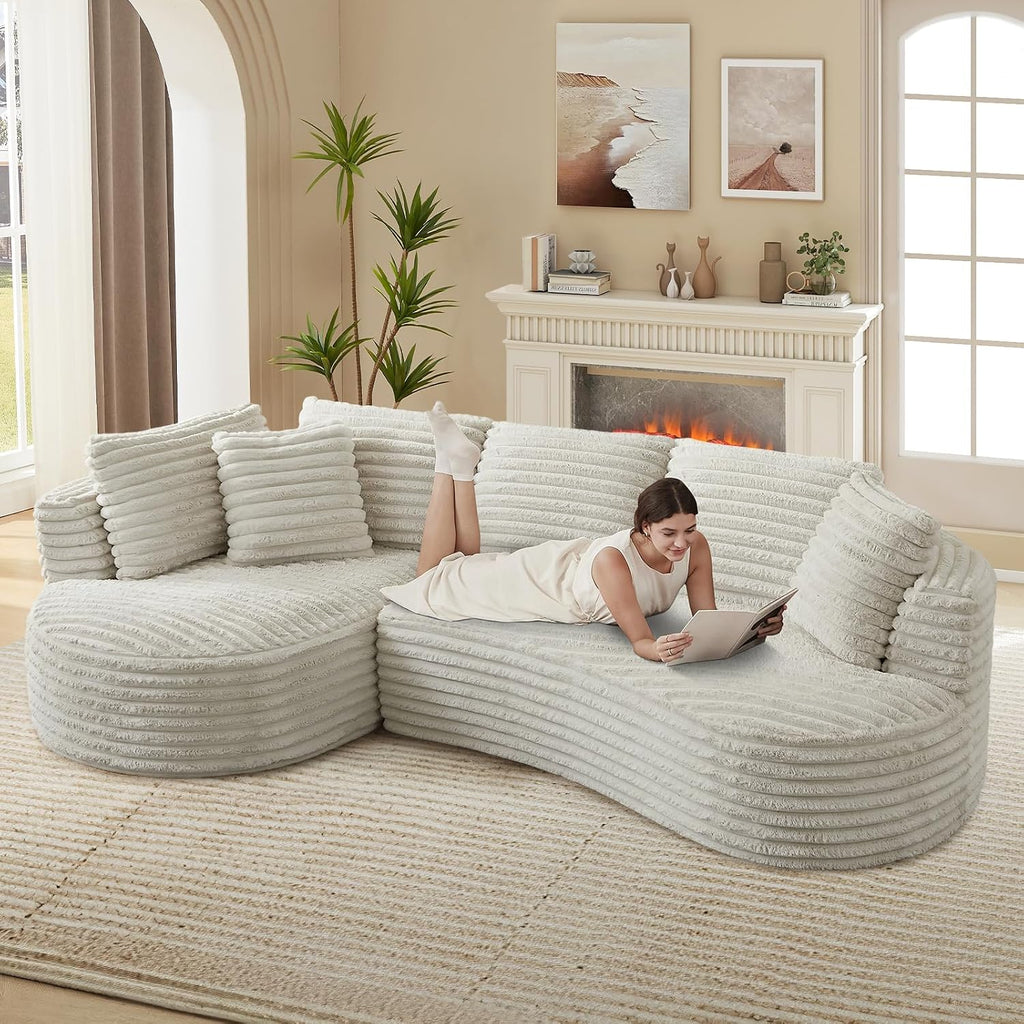 120'W Oversized Modern Curved Cloud Couch,Corduroy Modular Sectional Sofa with Chaise, L Shaped Boneless Couch, Compression Foam Sofa for Living Room Bedroom, No Assembly Required(Left Facing, Cream)