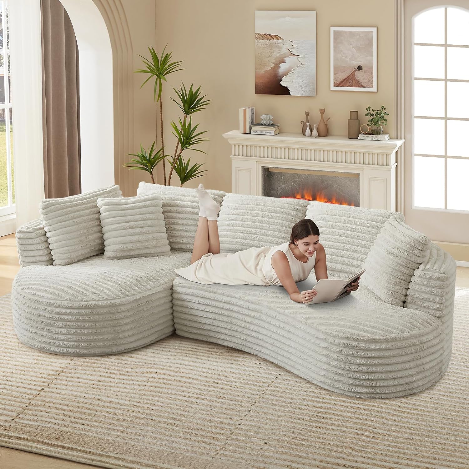 120'W Oversized Modern Curved Cloud Couch,Corduroy Modular Sectional Sofa with Chaise, L Shaped Boneless Couch, Compression Foam Sofa for Living Room Bedroom, No Assembly Required(Left Facing, Cream)