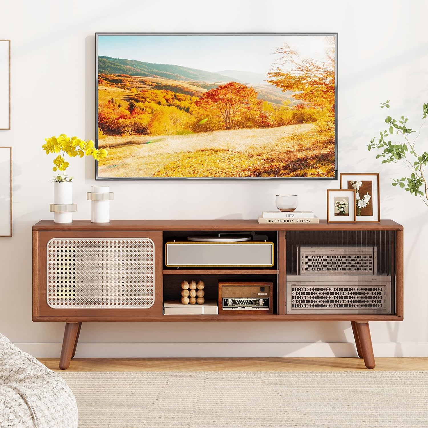 Giantex Bamboo TV Stand for TVs up to 55', Mid Century Modern Entertainment Center w/ 3-Level Adjustable Shelf, PE Rattan, Tempered Glass Sliding Door, Media TV Console Table for Bedroom (Walnut)